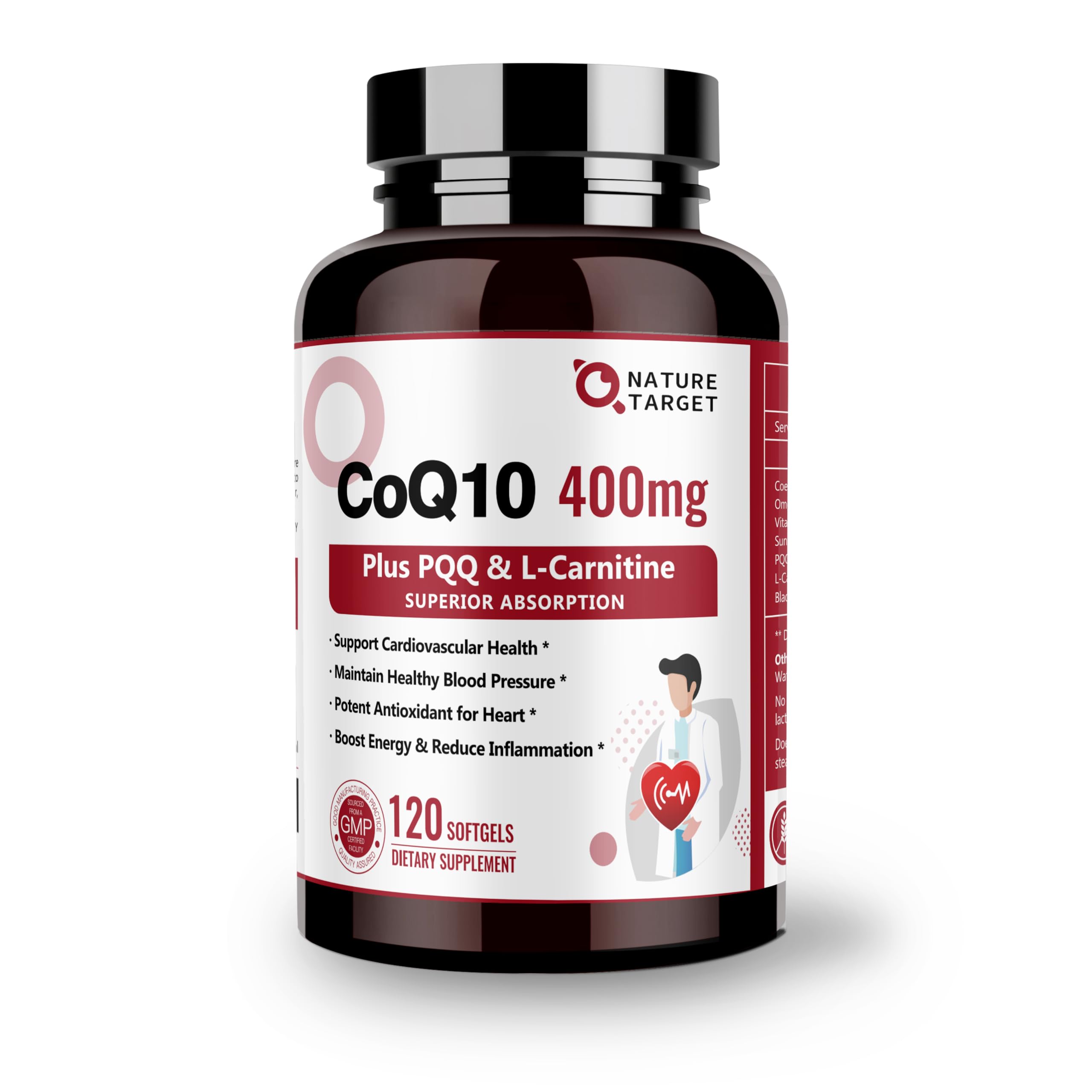 Nature Target CoQ10-400mg botella: soporte diario para energía y salud cardiovascular.