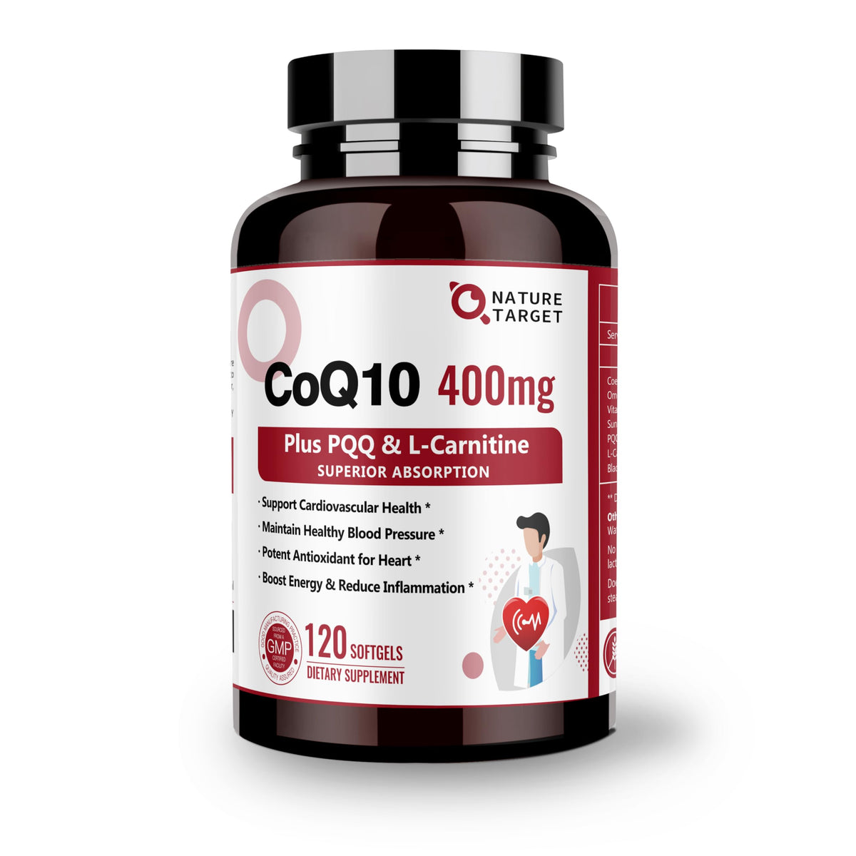 Nature Target CoQ10-400mg botella: soporte diario para energía y salud cardiovascular.