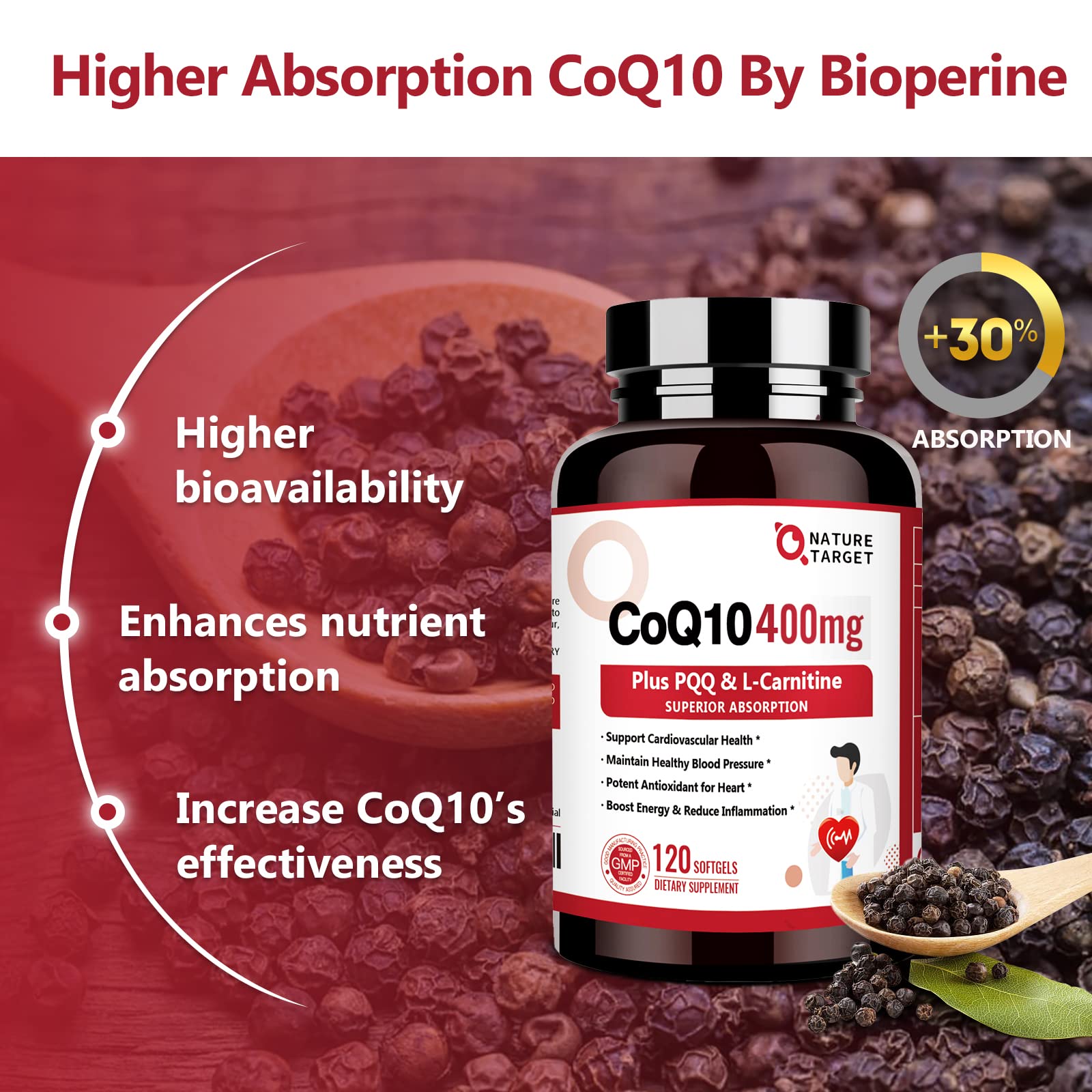 Nature Target CoQ10-400mg cápsulas L-Carnitina: uso diario de energía sostenida.