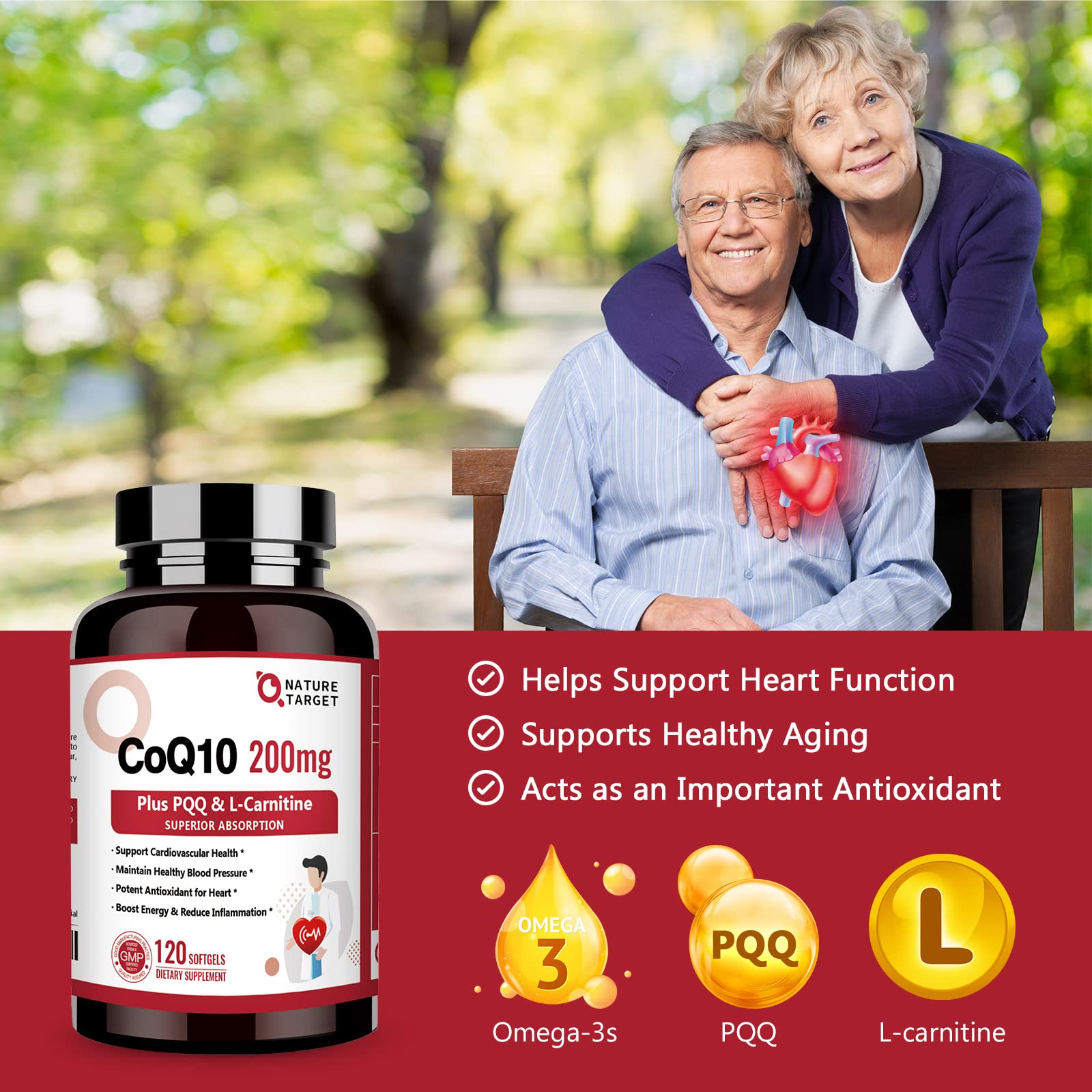 Nature Target CoQ10 con PQQ y L-Carnitina, ingredientes visibles.