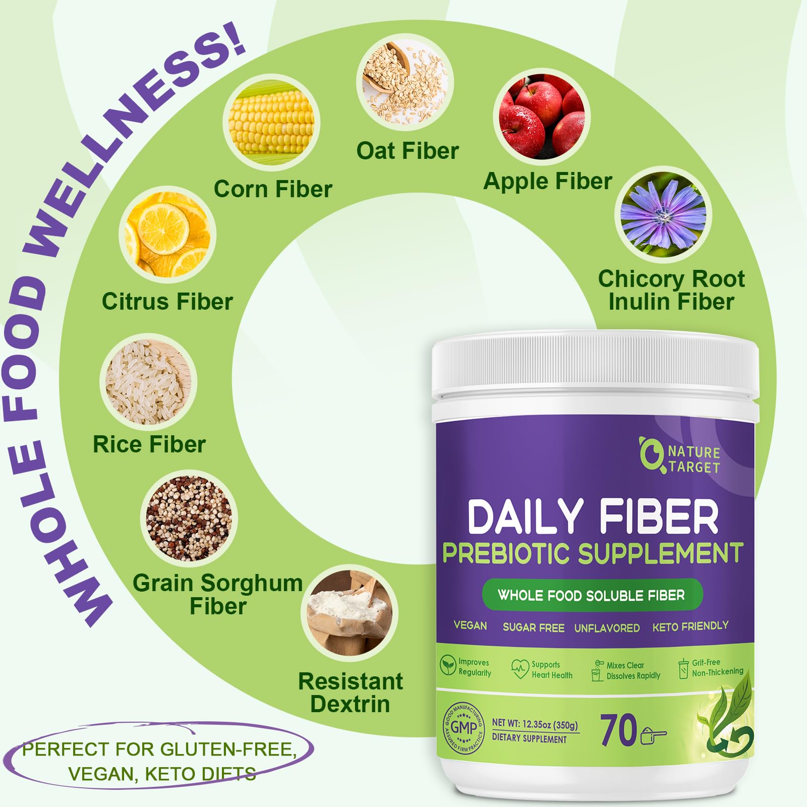 Nature Target fibra diaria ingredientes orgánicos aptos para dietas cetogénicas y vegetarianas