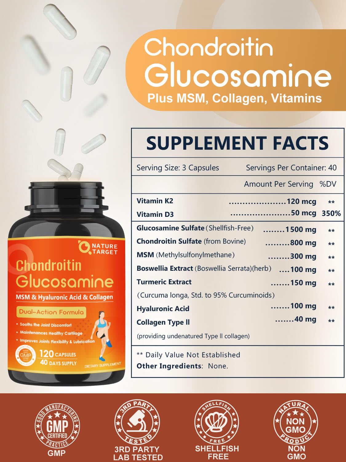 Nature Target Glucosamina Chondroitina: fórmula libre de alérgenos para seguridad.