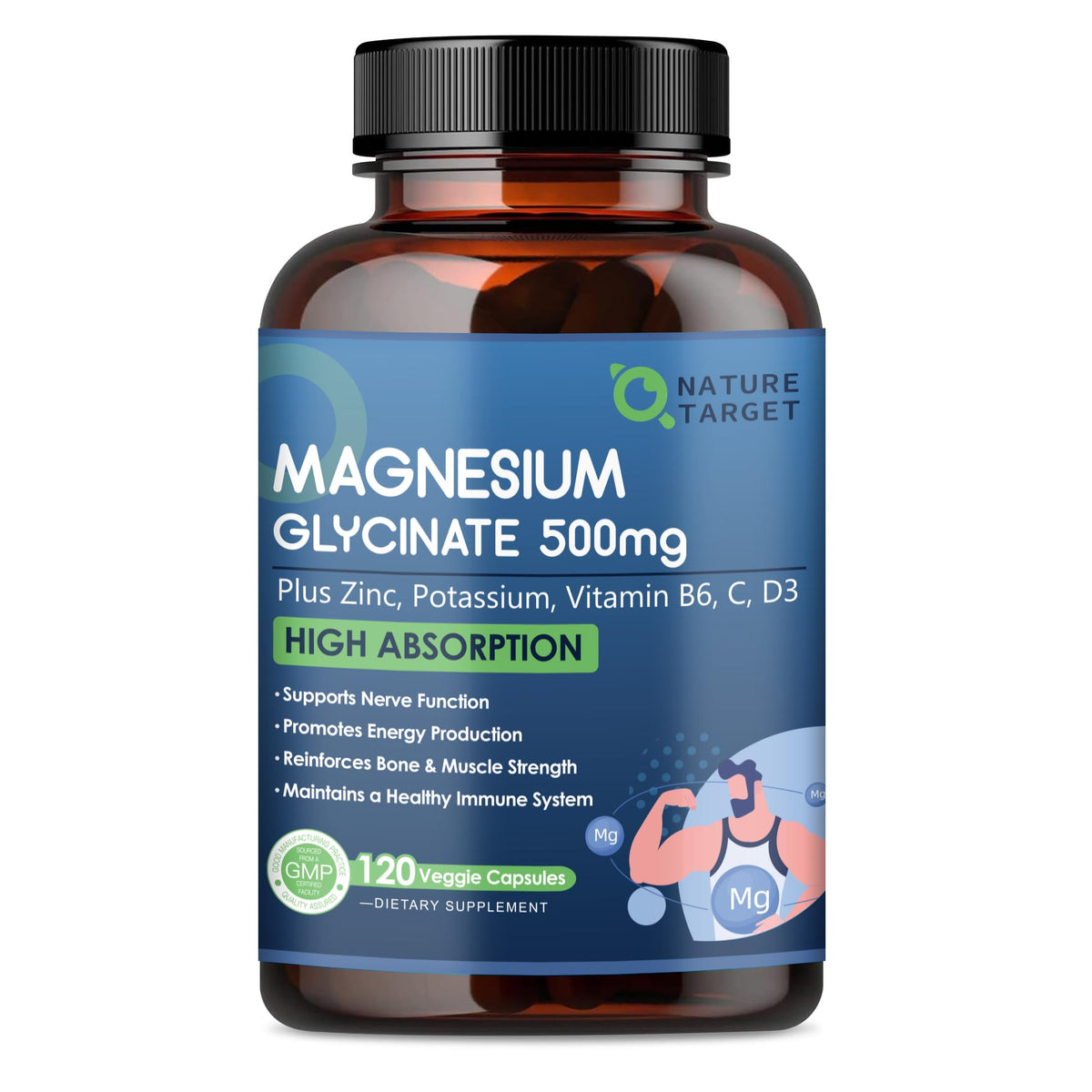 Nature Target magnesio glicinato 500 mg, cápsulas suaves para apoyo muscular diario