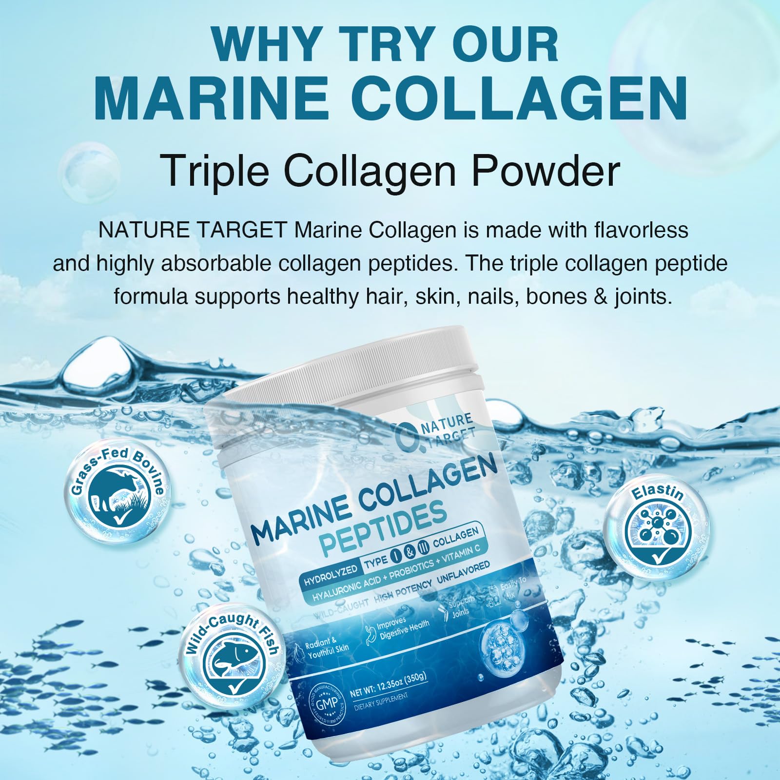 Nature Target mezcla colágeno marino en agua para hidratación rápida