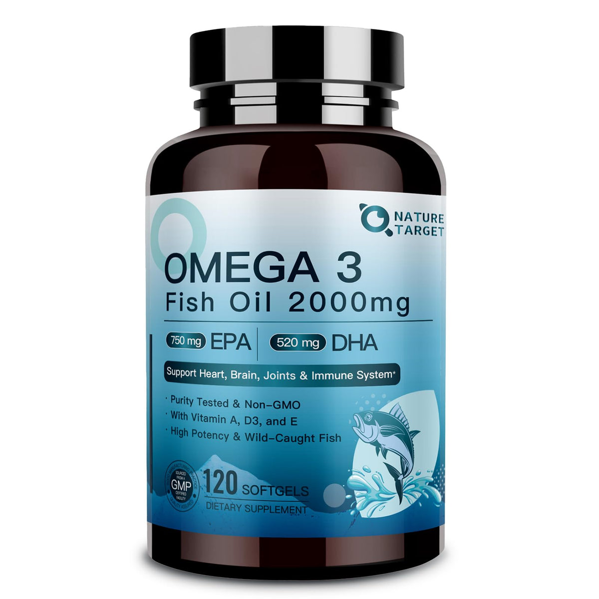 NATURE TARGET Omega-3 cápsulas blandas 2000mg para energía diaria y salud cardíaca.