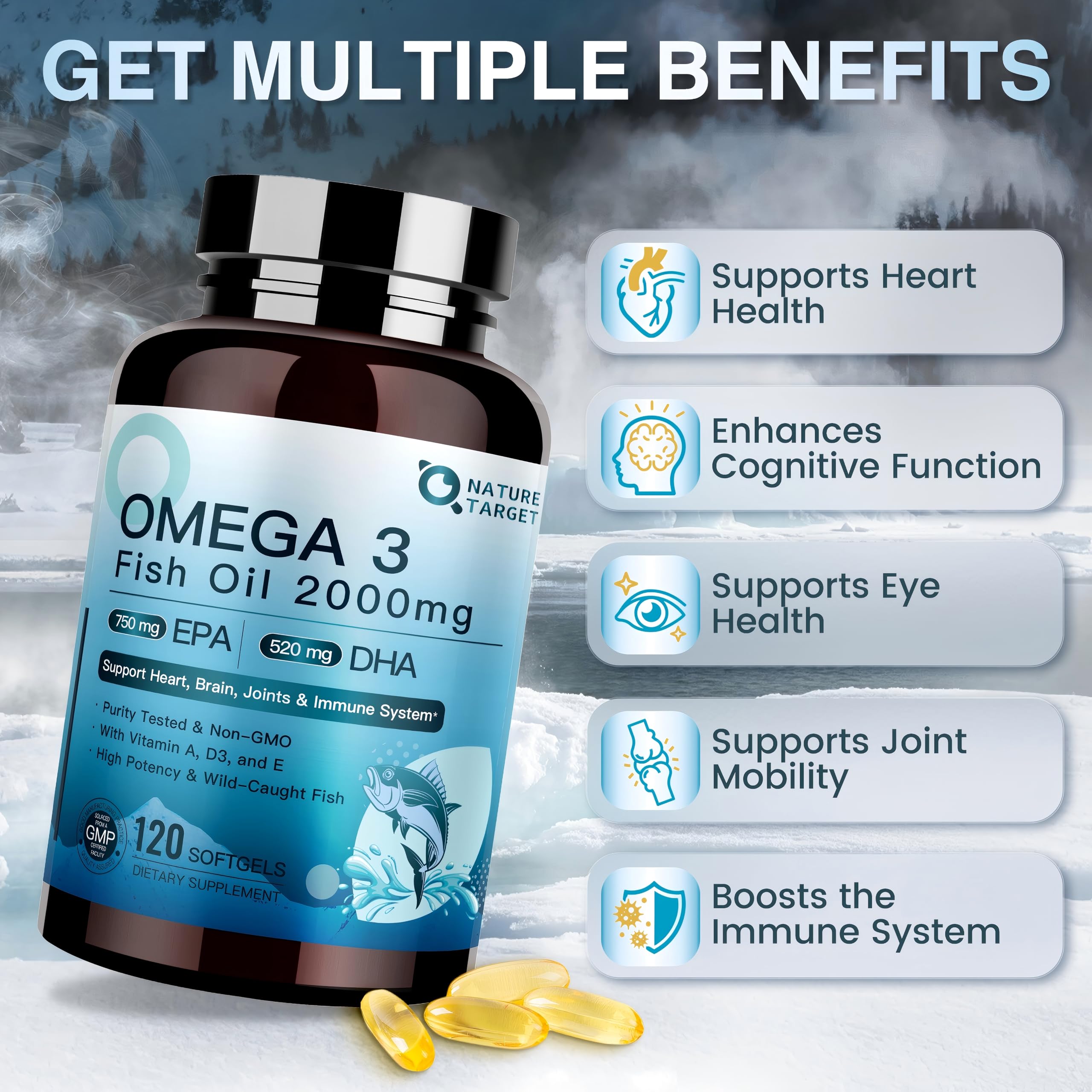 NATURE TARGET Omega-3 cápsulas sin sabor para uso diario.