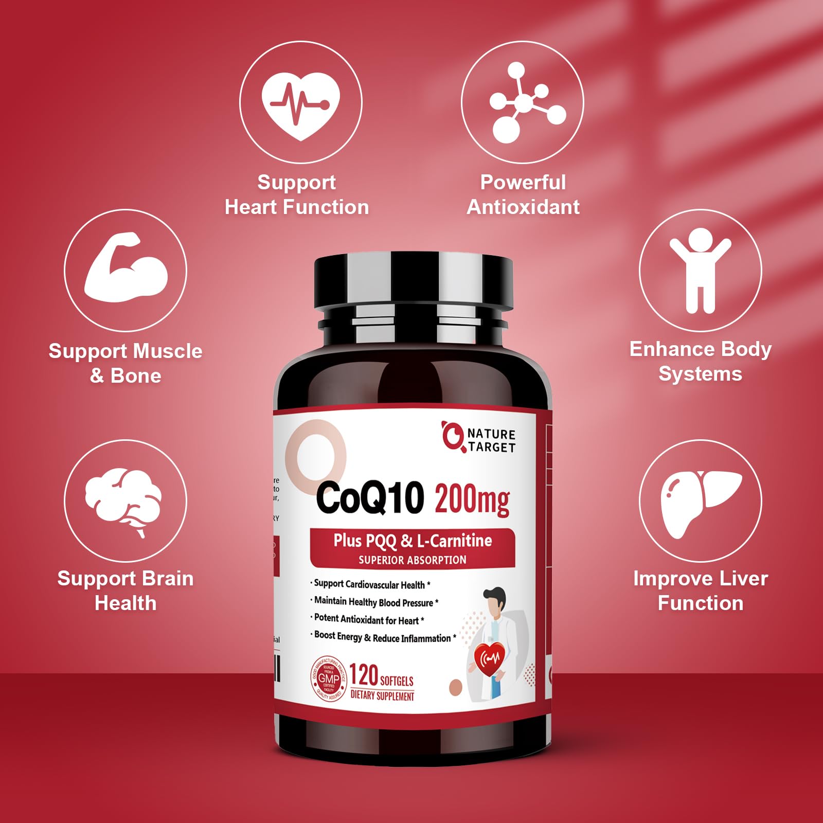 Nature Target cápsulas blandas CoQ10 200mg en primer plano.