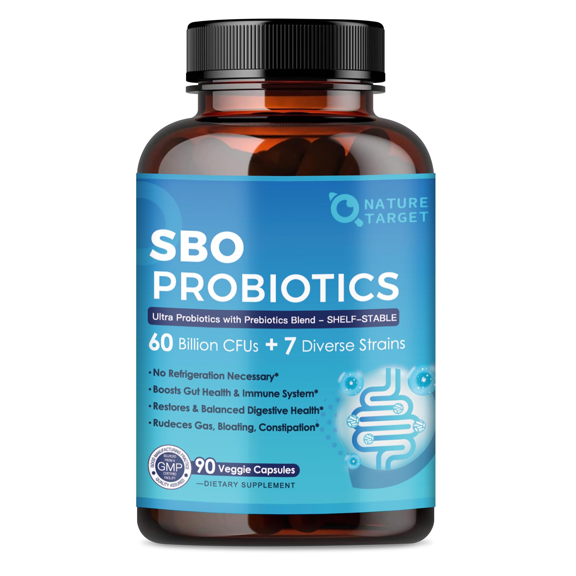 NATURE TARGET Probiotics, botella de 90 cápsulas, apoya la salud digestiva.