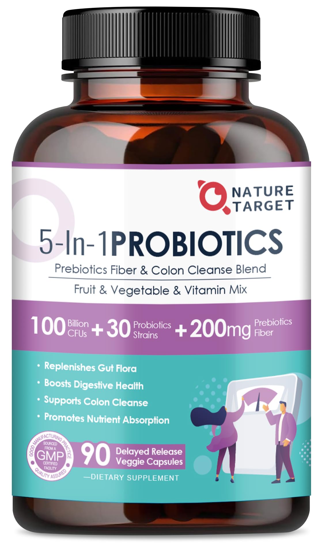 Nature Target Probiotics botella con 100 mil millones de CFU para la salud intestinal