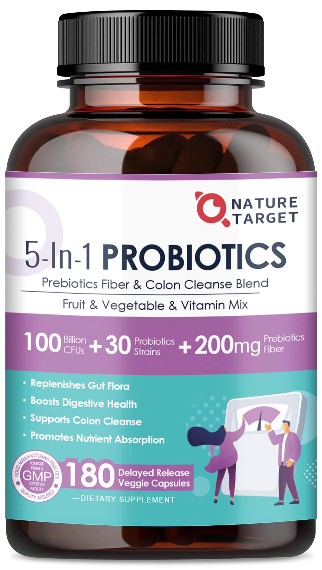 Nature Target Probiotics empaquetado con cápsulas veganas para uso diario.