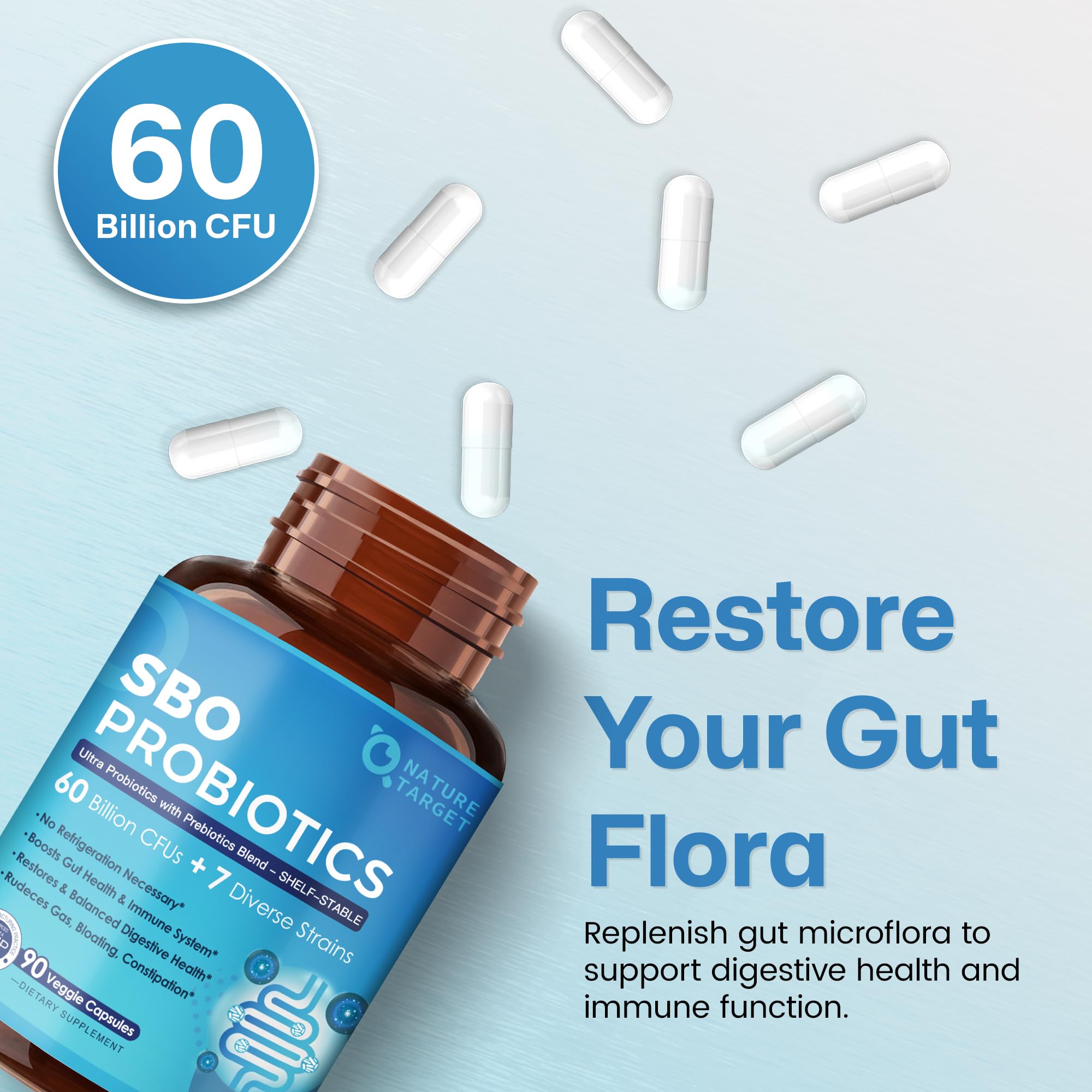NATURE TARGET Probiotics, envase estable en estantería, listo para uso diario.