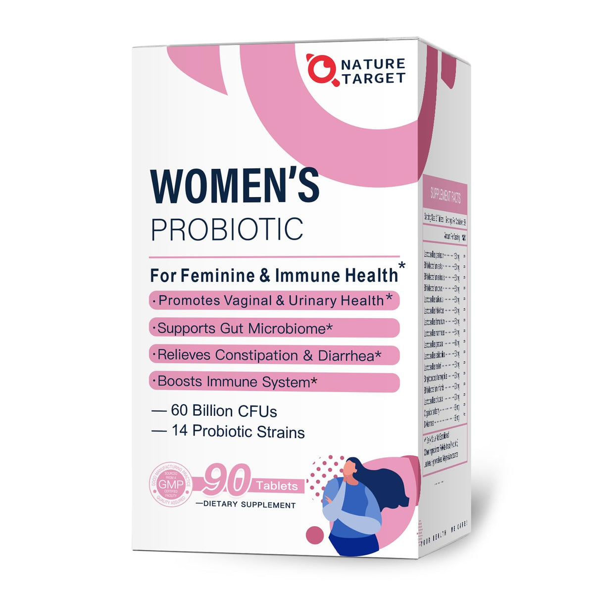 Nature Target Probiotics: tabletas en botella para apoyo digestivo femenino.