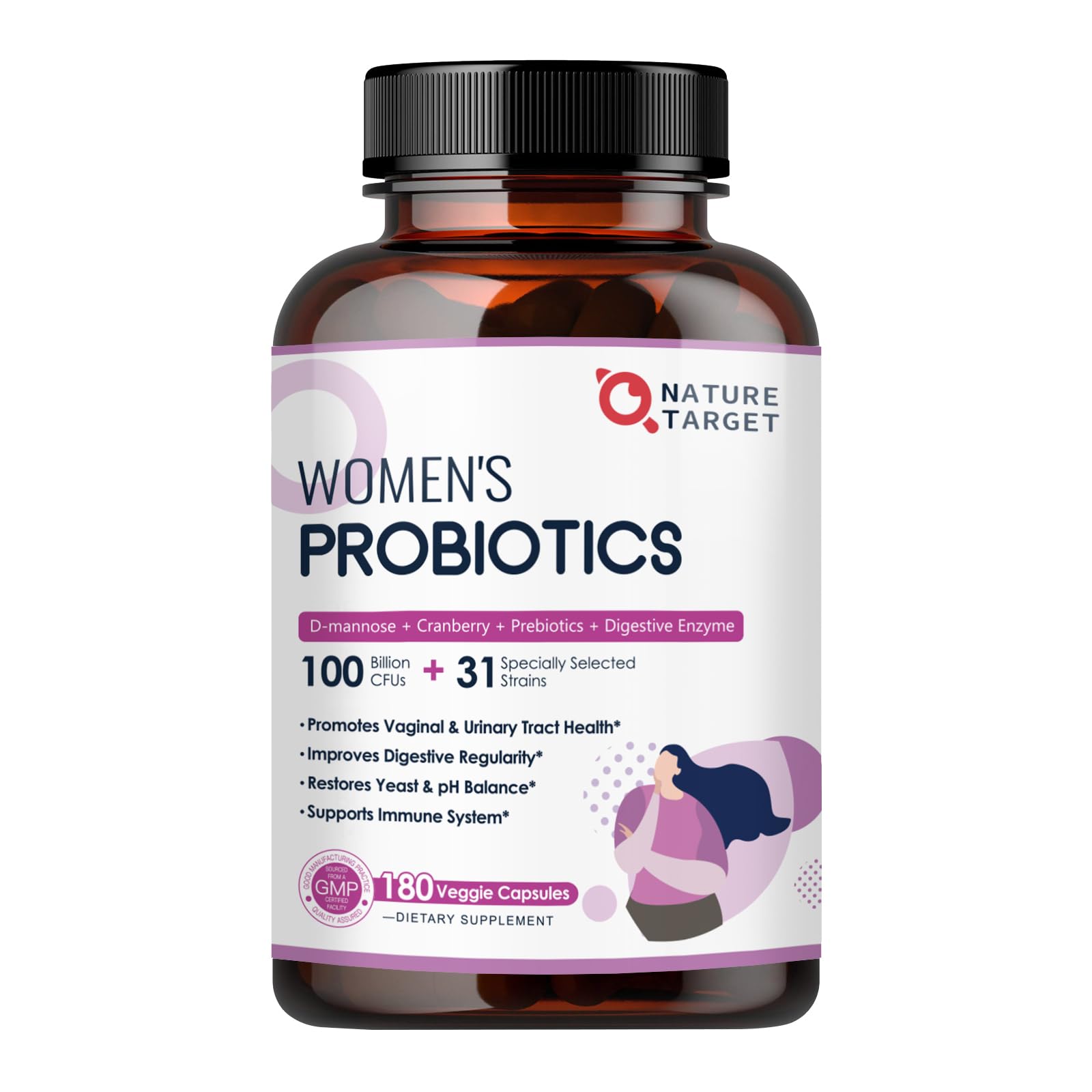 Nature Target Probiotics para mujeres, botella de 180 cápsulas, apoyo a la salud intestinal.