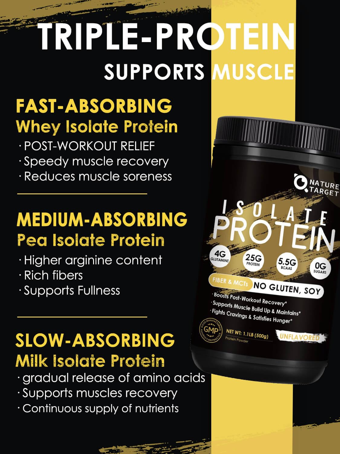 Primer plano de proteína Nature Target sin sabor, aislada de alta pureza.