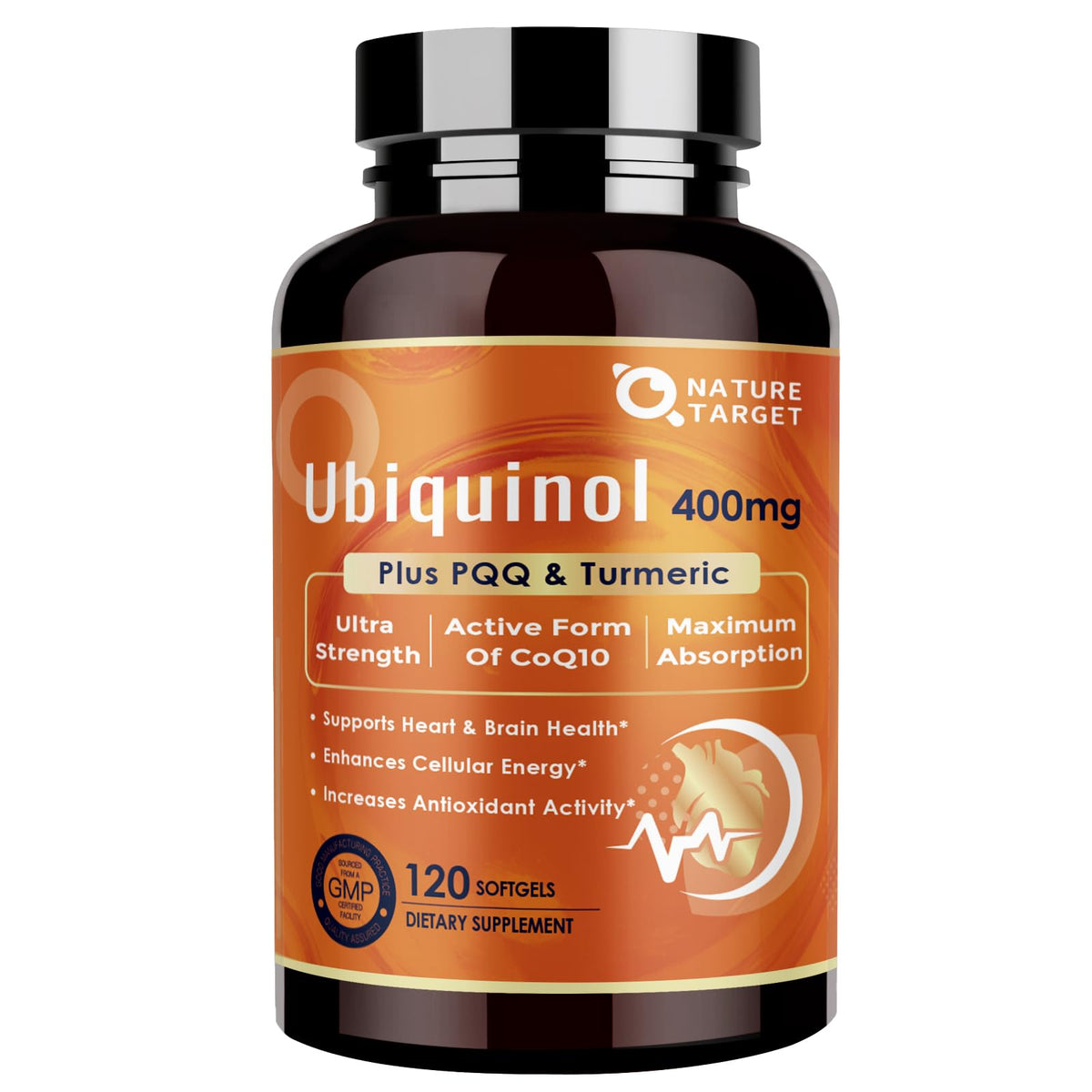 NATURE TARGET Ubiquinol CoQ10 400 mg botella frontal, posible impulso de energía diaria