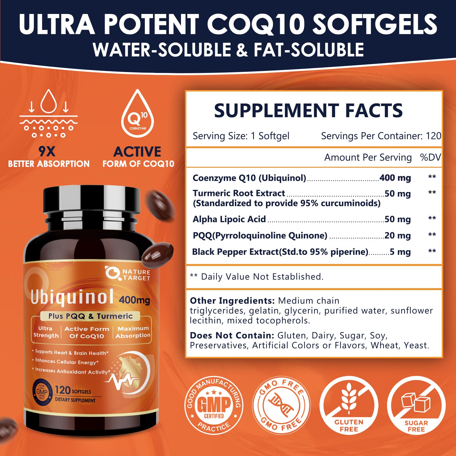NATURE TARGET Ubiquinol CoQ10 400 mg etiqueta frontal, mayor biodisponibilidad gracias a pimienta negra