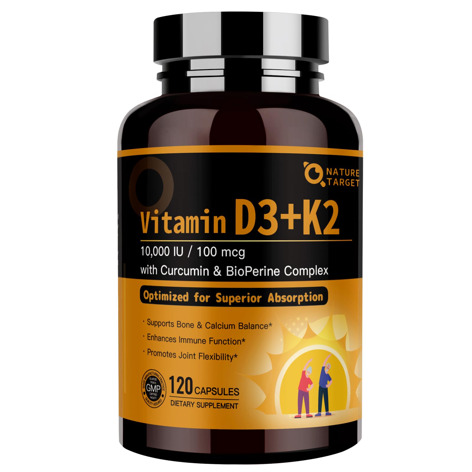 NATURE TARGET Vitamina D3 K2 de alta dosis en cápsulas, enfocado en la salud ósea.