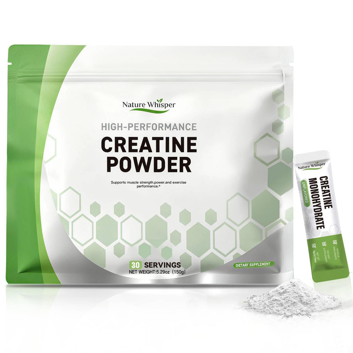 Nature Whisper Creatina monohidrato, paquetes de viaje, ideal para tomar durante entrenamientos.