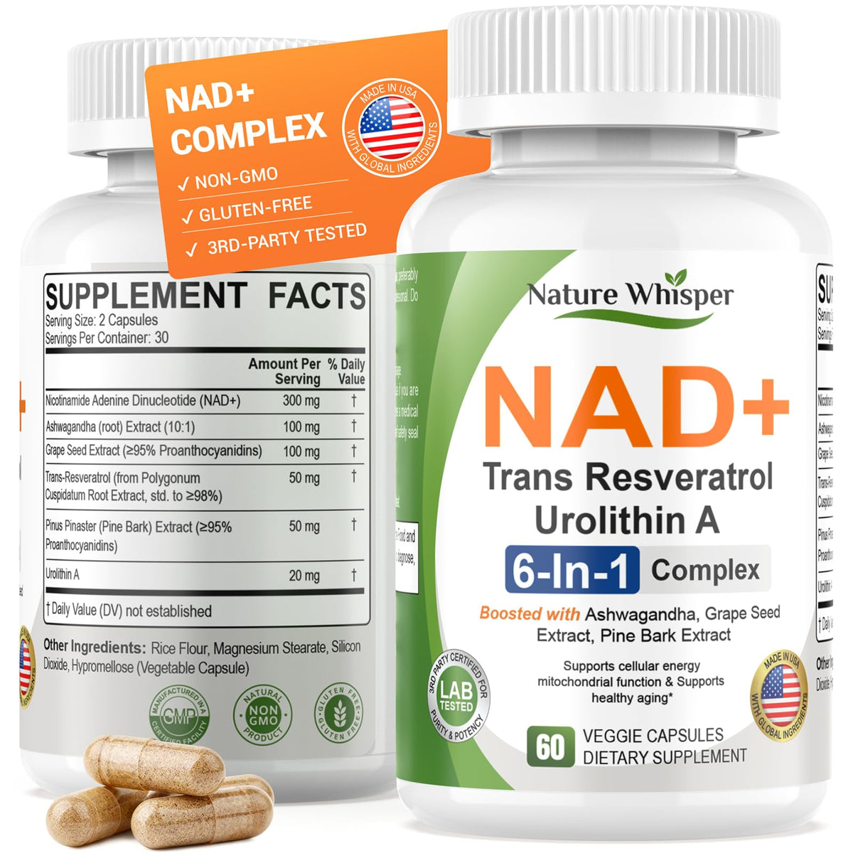 Nature Whisper NAD+ suplemento, botella frontal, energía sostenida para el día.