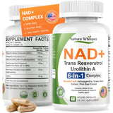 Nature Whisper NAD+ suplemento, botella frontal, energía sostenida para el día.