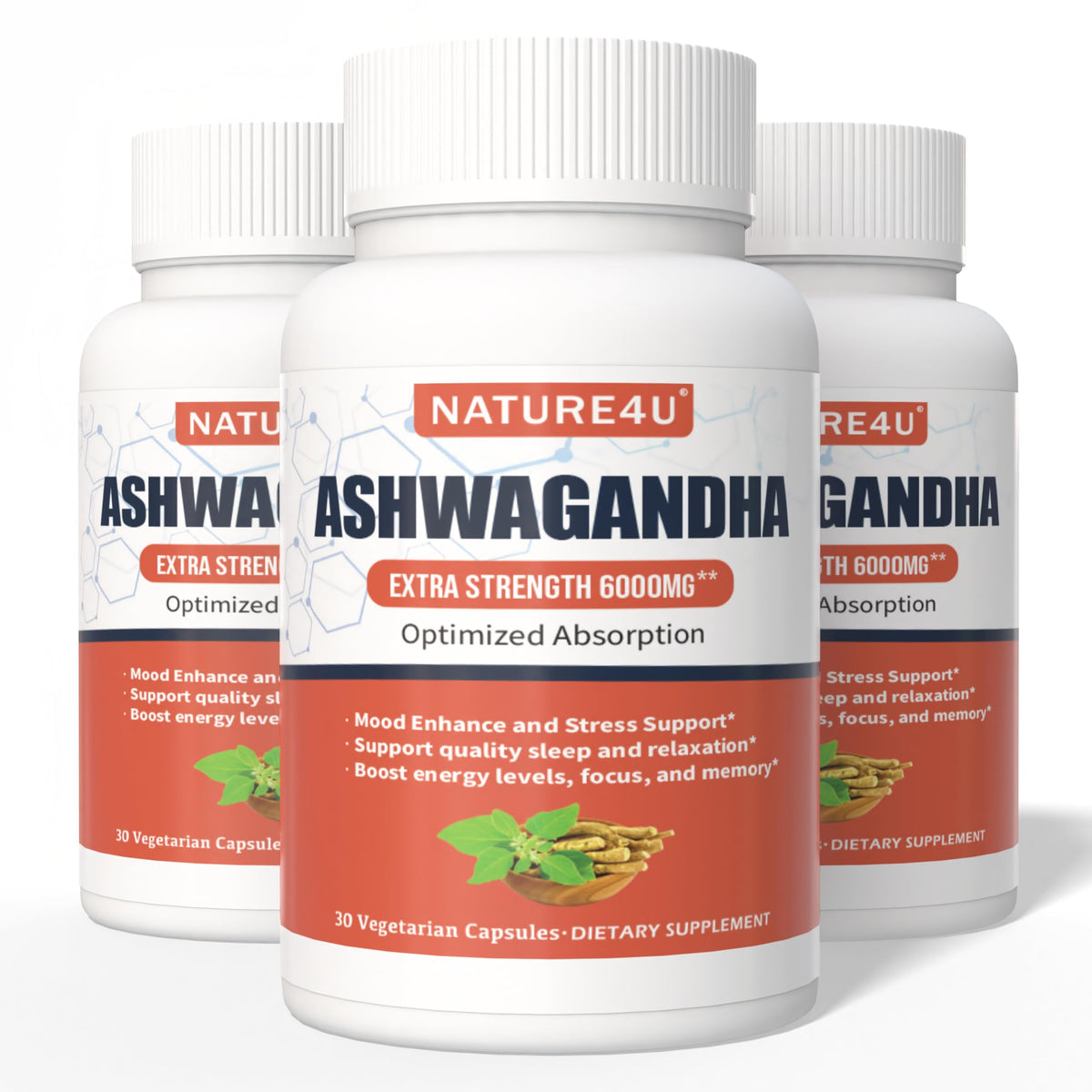Nature4U Ashwagandha: bote de cápsulas para apoyo diario de energía y enfoque.