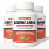 Nature4U Ashwagandha: bote de cápsulas para apoyo diario de energía y enfoque.