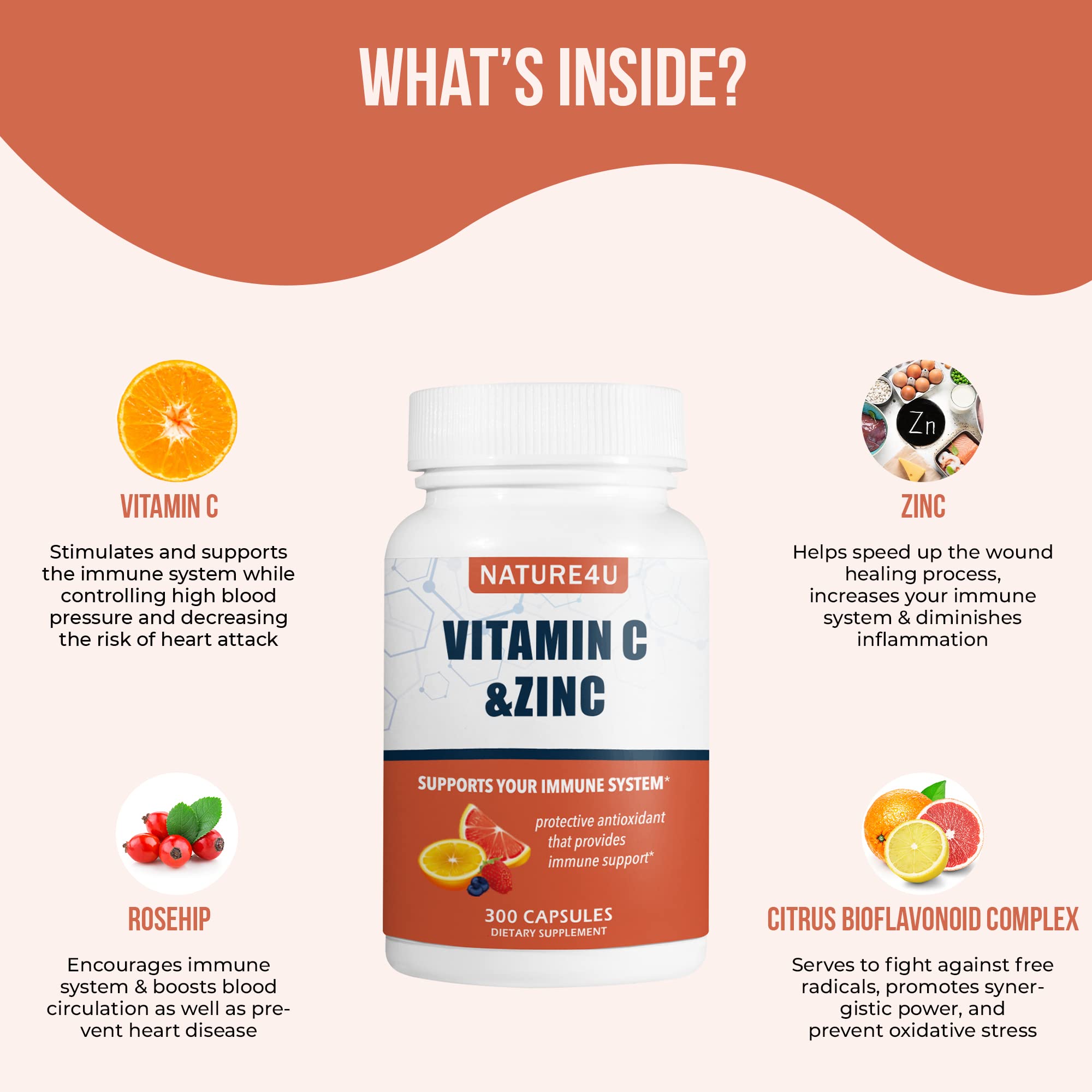 Nature4U Vitamina C 1000 mg con Zinc, etiqueta clara con información del producto
