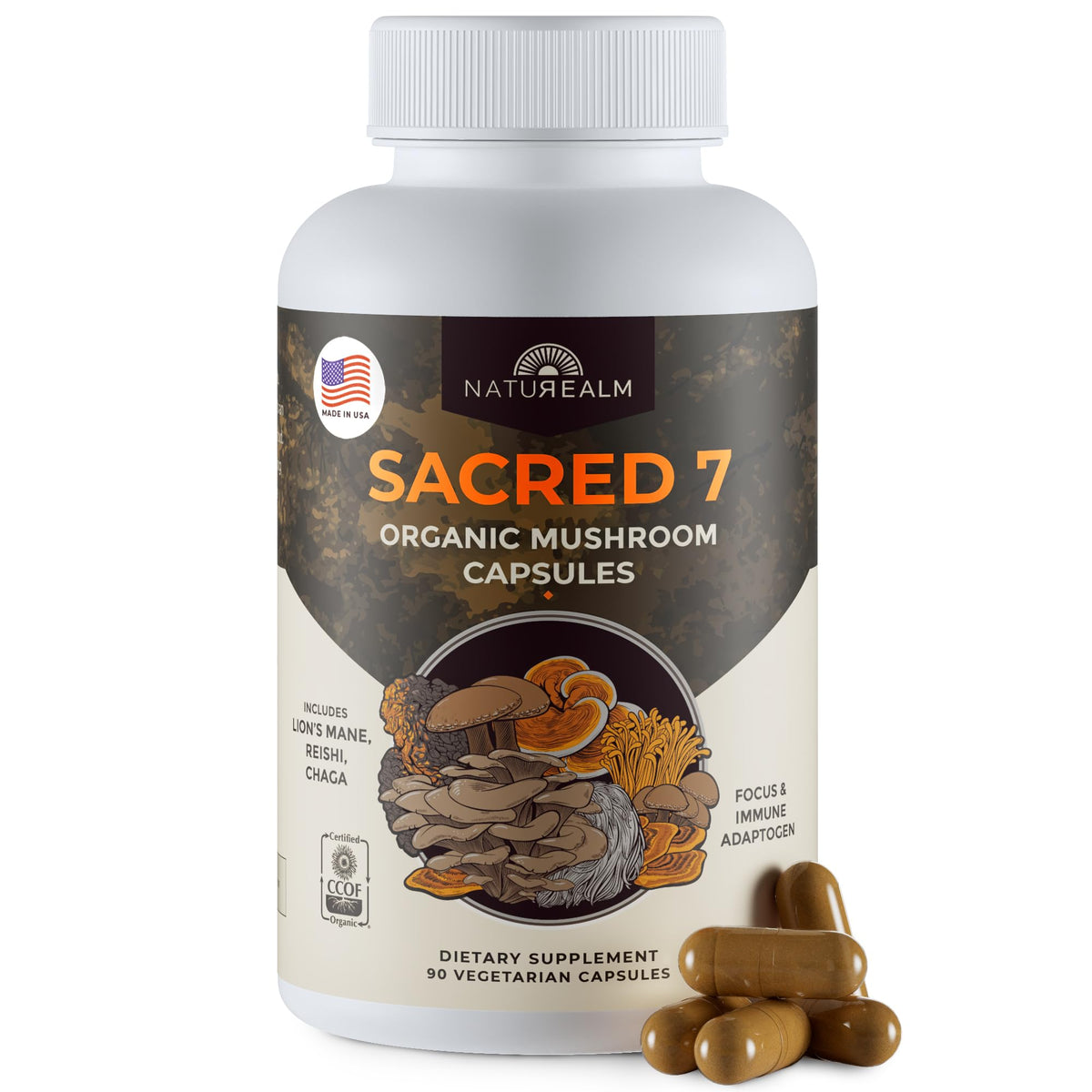 Naturealm Sacred 7: frasco de cápsulas para apoyo inmune y enfoque diario.