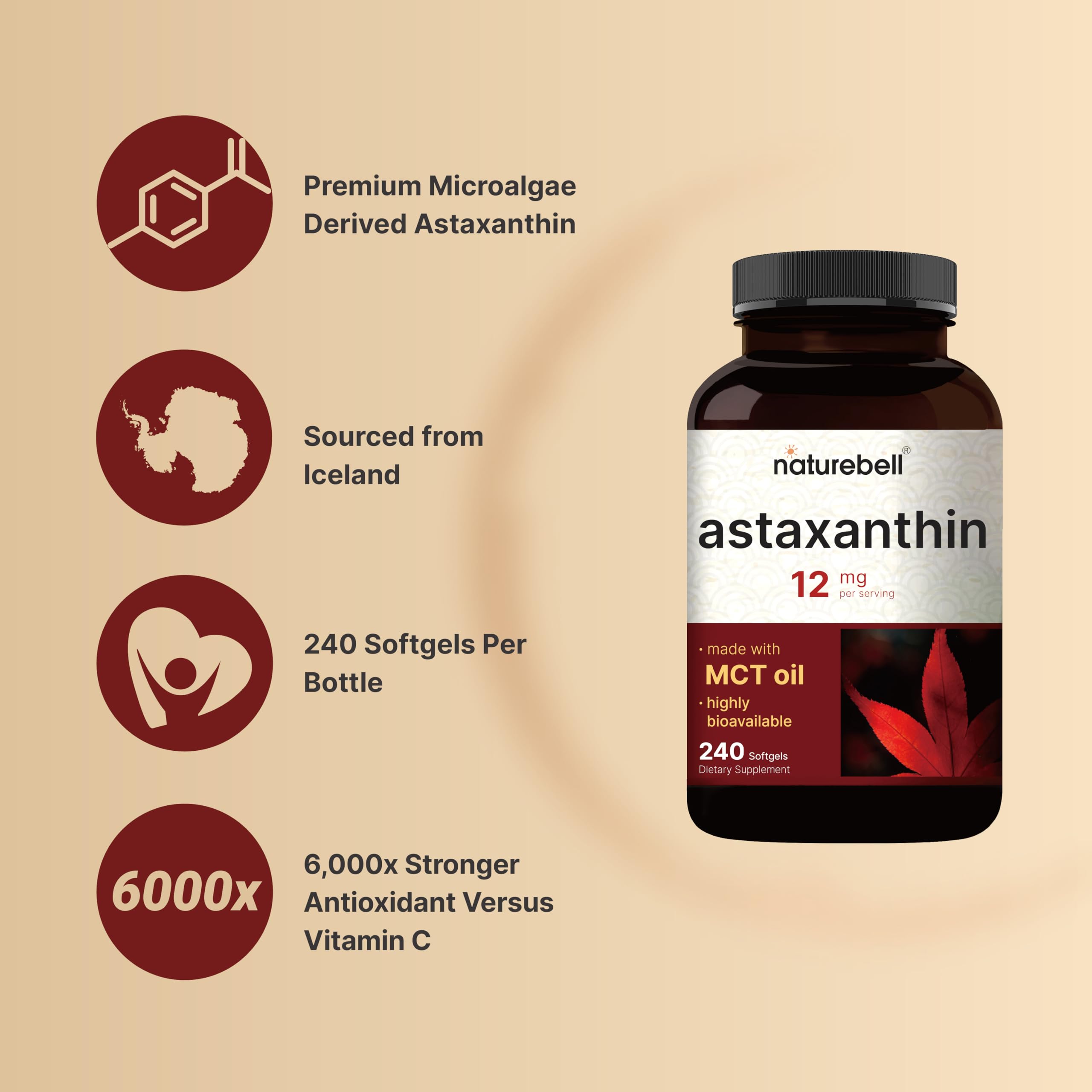NatureBell astaxantina 12 mg con aceite MCT para mejor absorción.