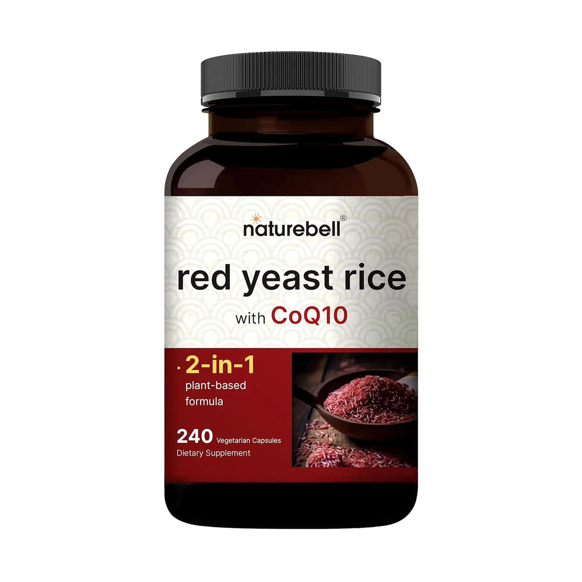 NatureBell Arroz de levadura roja con CoQ10, botella visible para soporte cardiovascular.