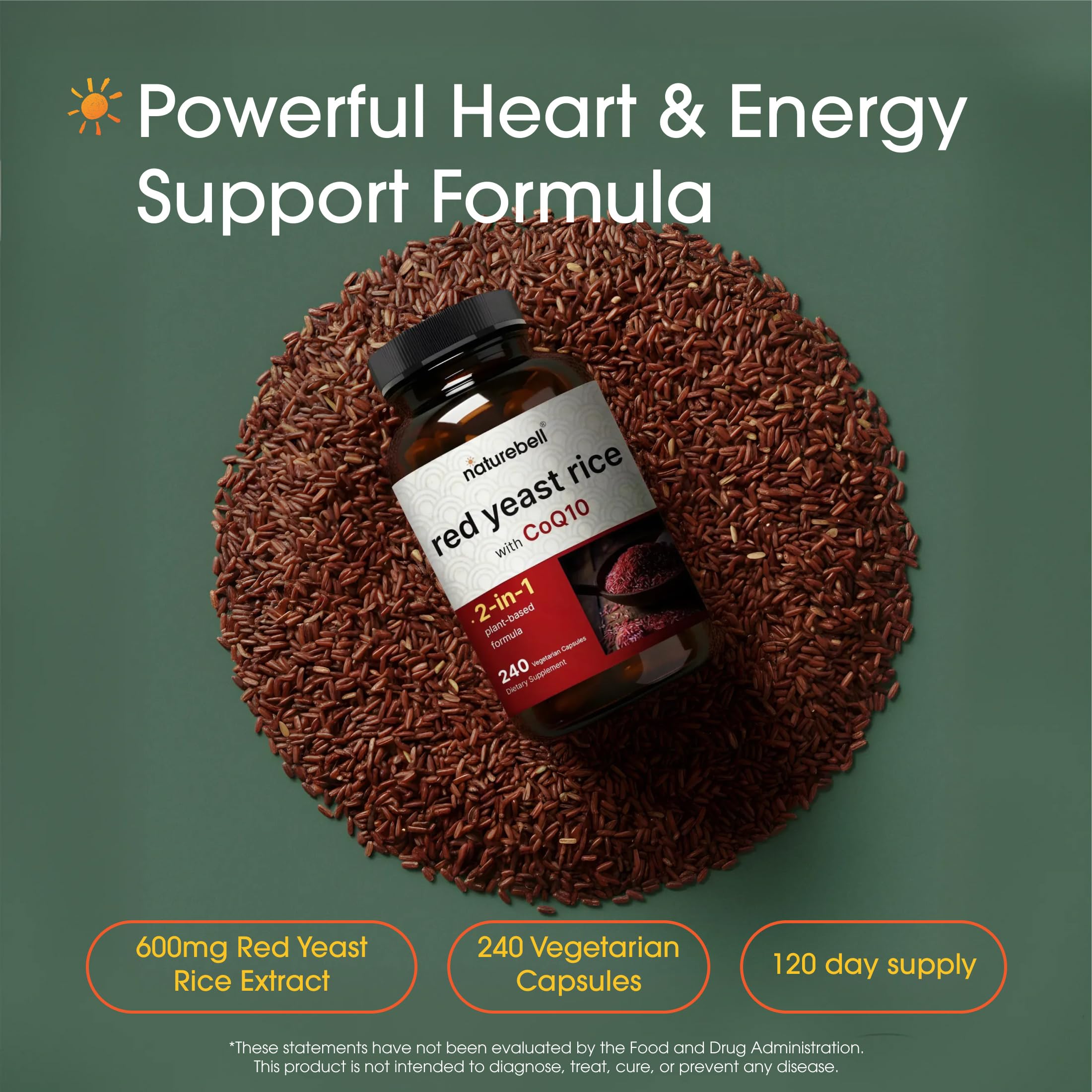 NatureBell cápsulas de arroz de levadura roja con CoQ10, primer plano de etiqueta.