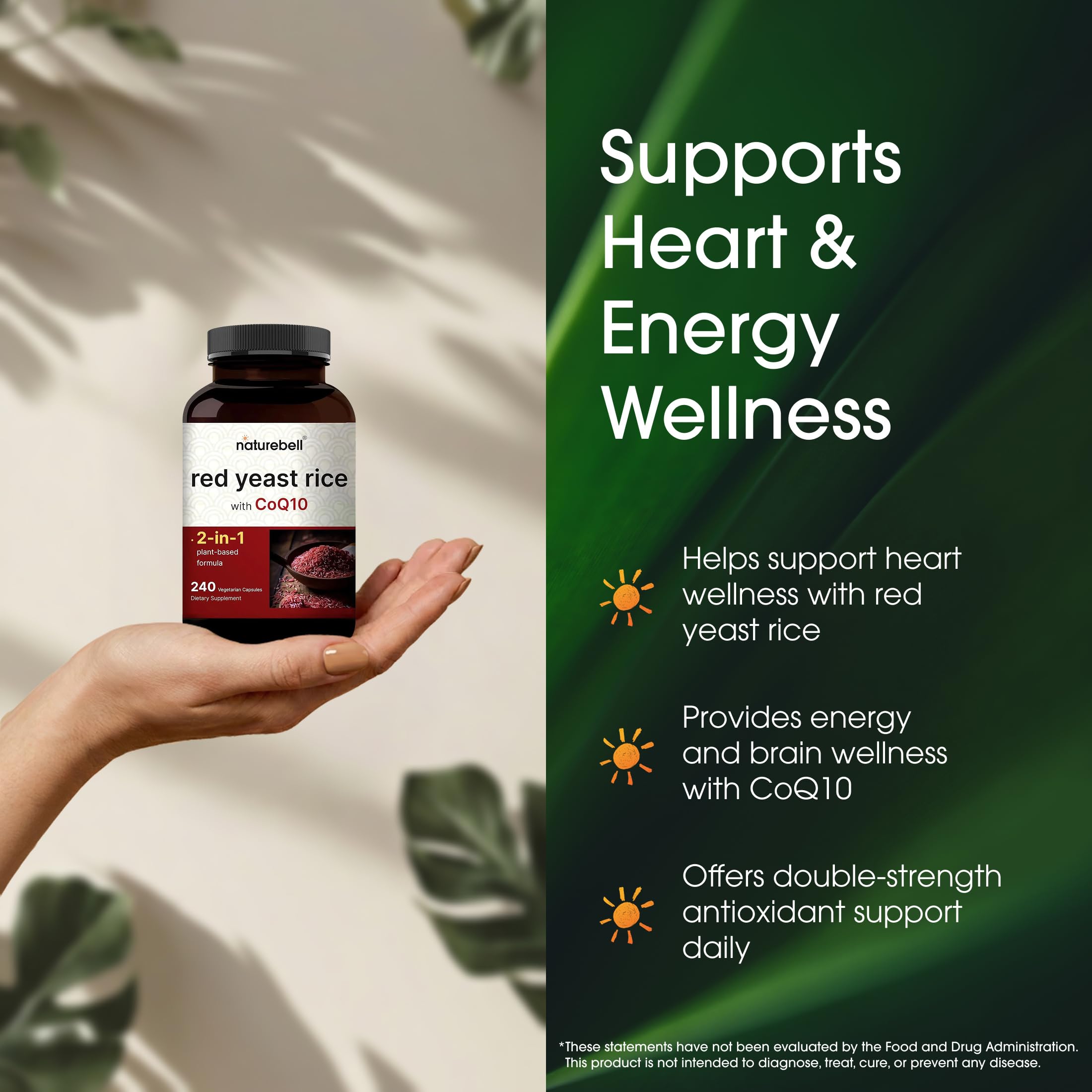 NatureBell Imagen de ingredientes clave: levadura roja y CoQ10 de alta pureza.