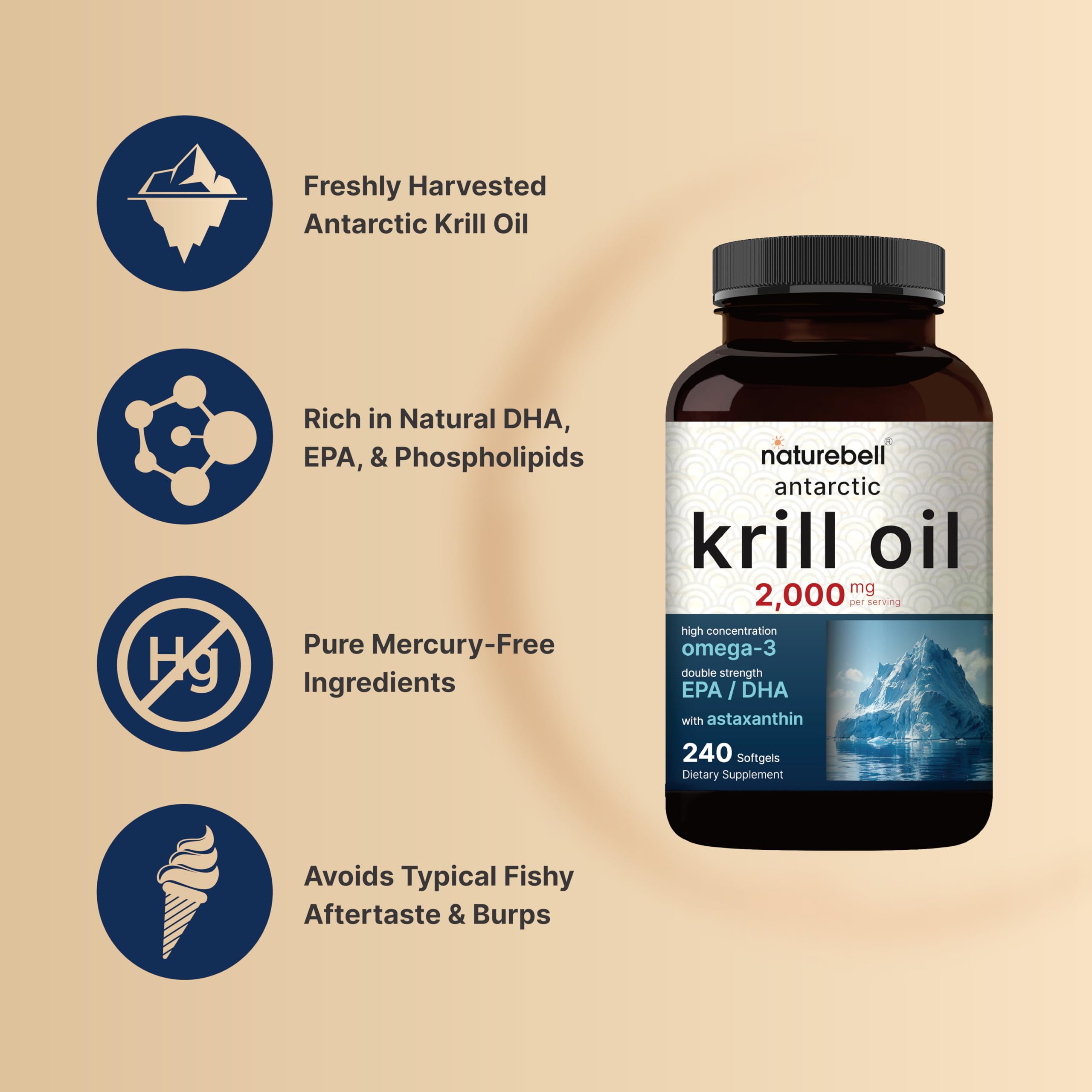 NatureBell Astaxantina en Krill Antártico, tono rojizo y antioxidante natural.
