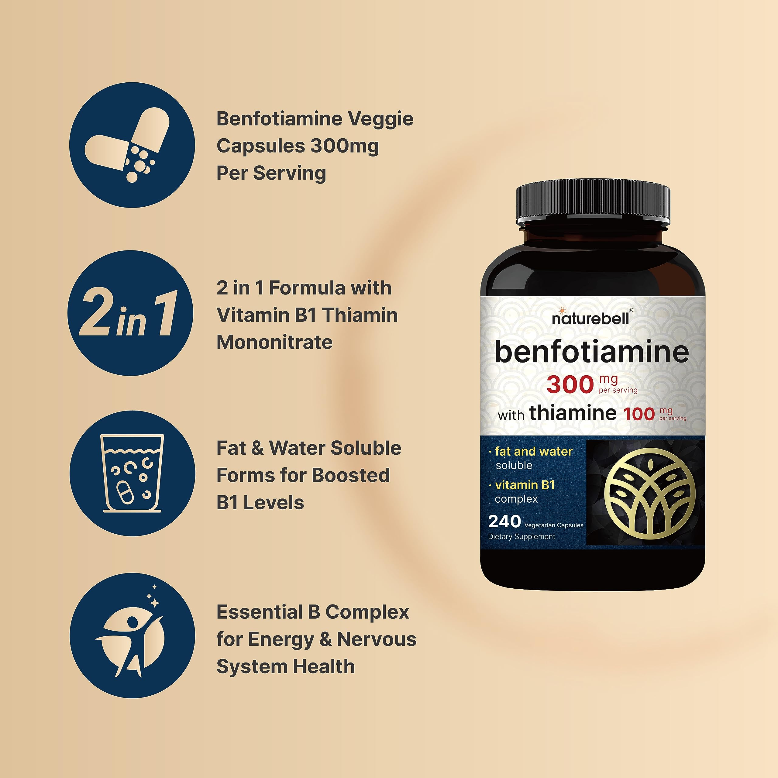 Cápsulas vegetarianas NatureBell Benfotiamina con Thiamina en envase