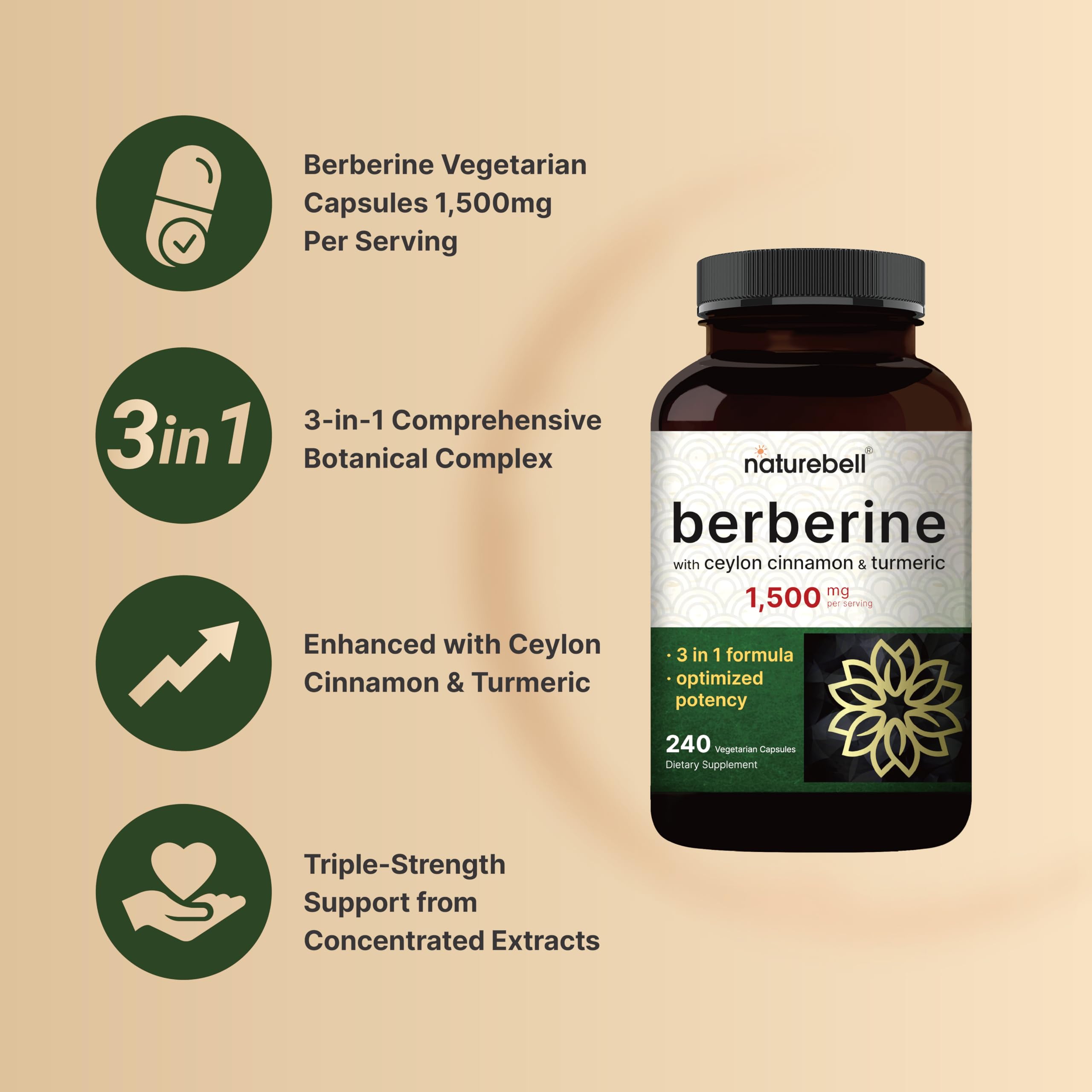 NatureBell Berberina con canela de Ceilán y cúrcuma, fórmula 3 en 1 para bienestar.