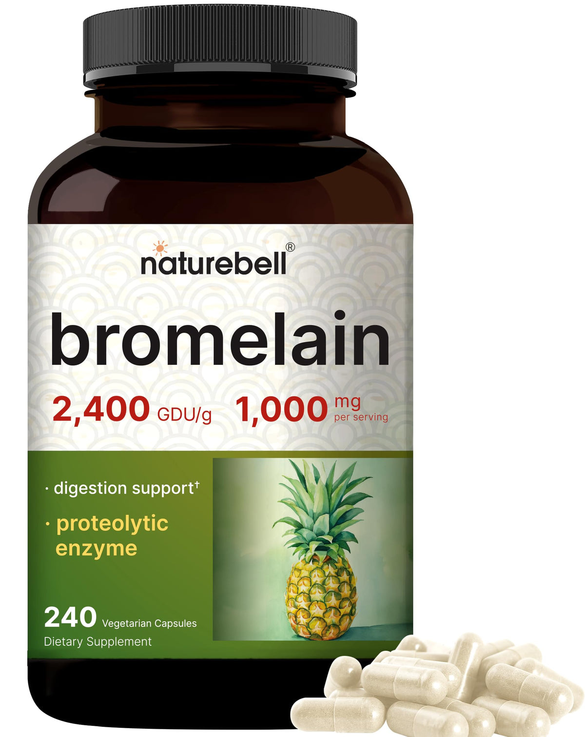 NatureBell Bromelina 1000 mg, cápsulas, apoyo digestivo suave.