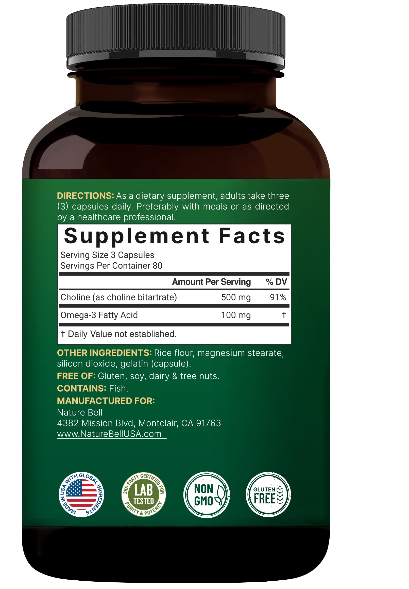 NatureBell Colina 500 mg con Omega-3, frasco de 80 porciones.