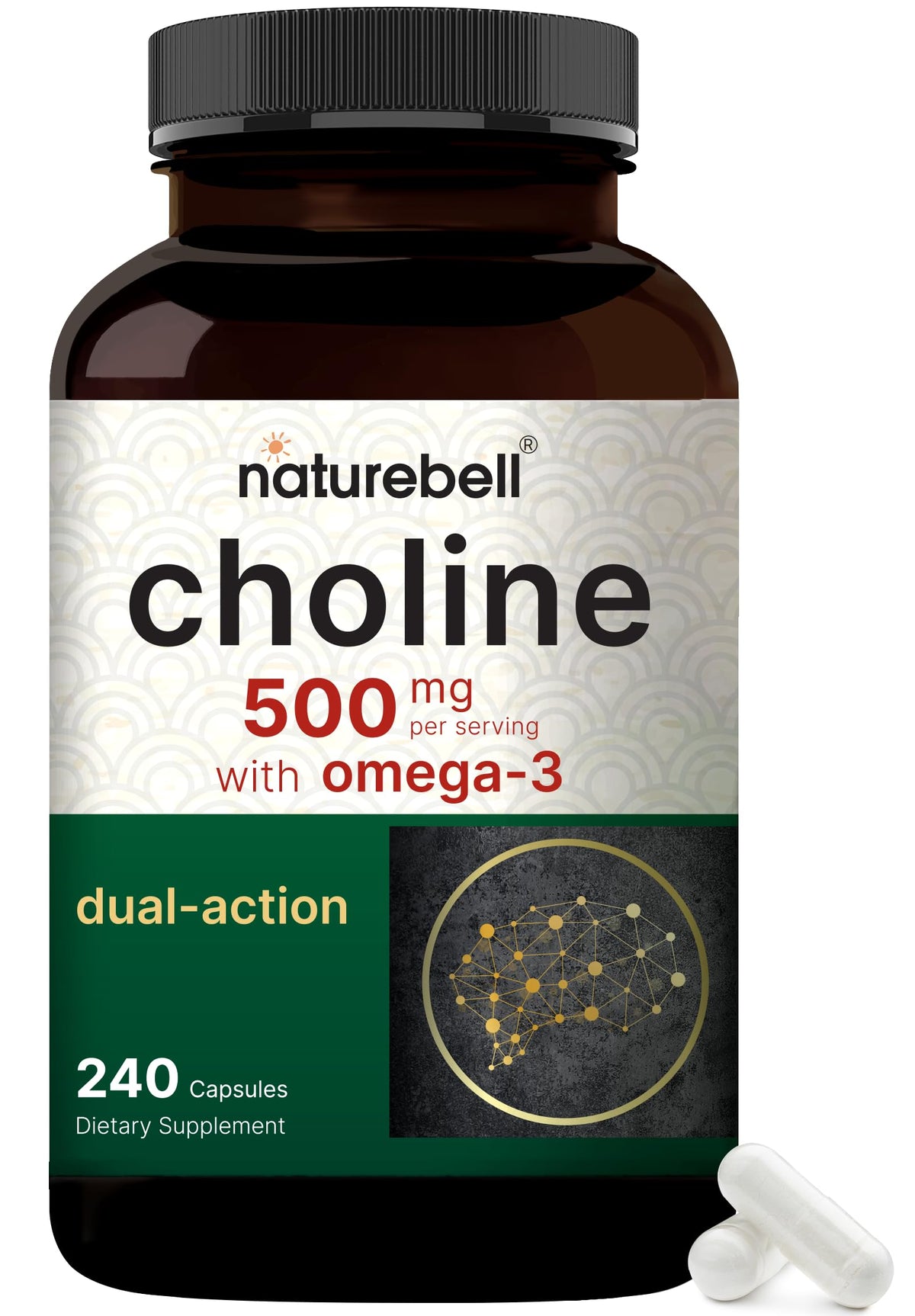 NatureBell Colina 500 mg con Omega-3, botella de cápsulas lista para uso diario.