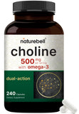 NatureBell Colina 500 mg con Omega-3, botella de cápsulas lista para uso diario.