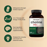 Cápsulas NatureBell Colina 500 mg con Omega-3 en la palma de la mano.