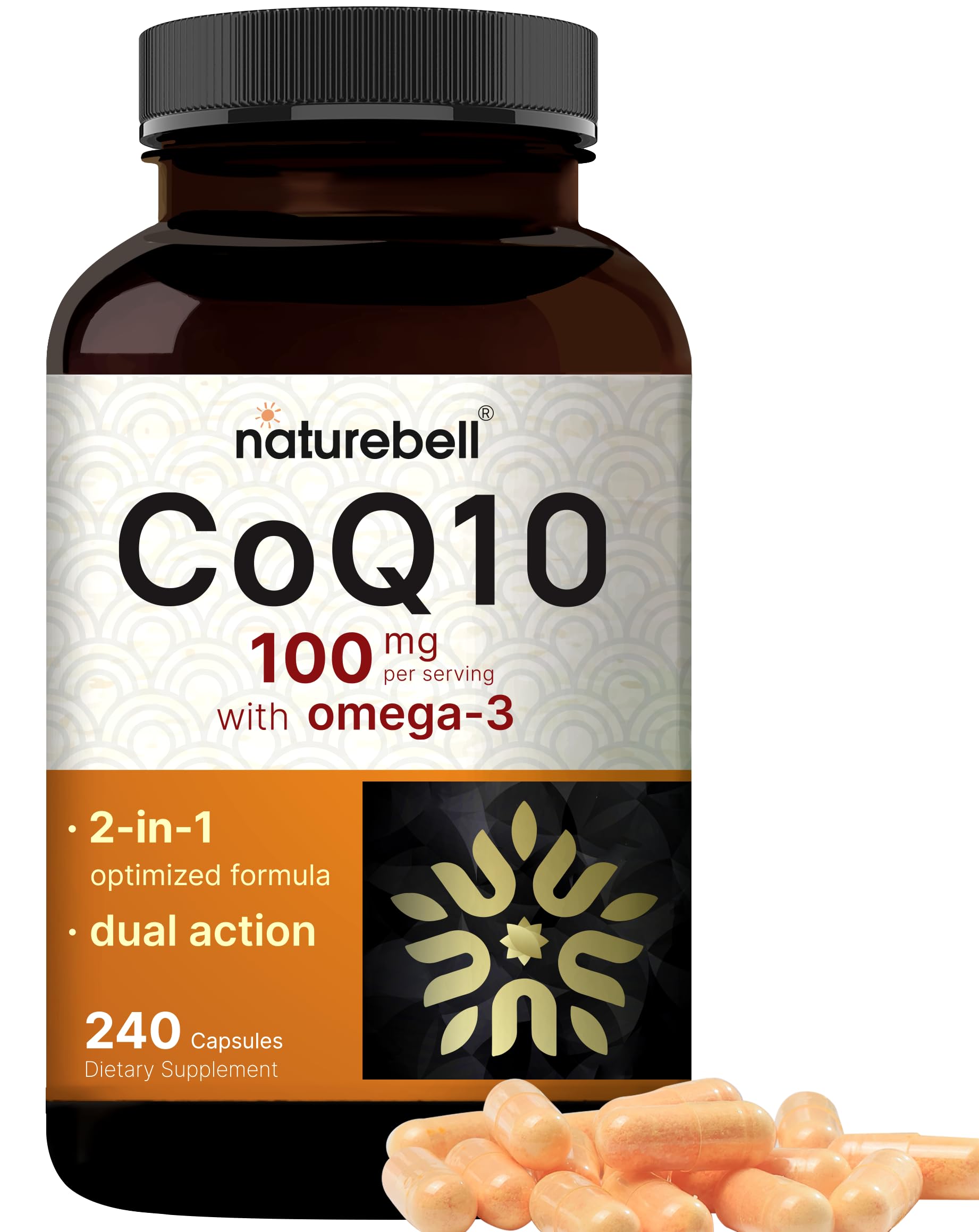NatureBell CoQ10 Omega-3 cápsulas de 240, apoyo antioxidante para energía diaria.