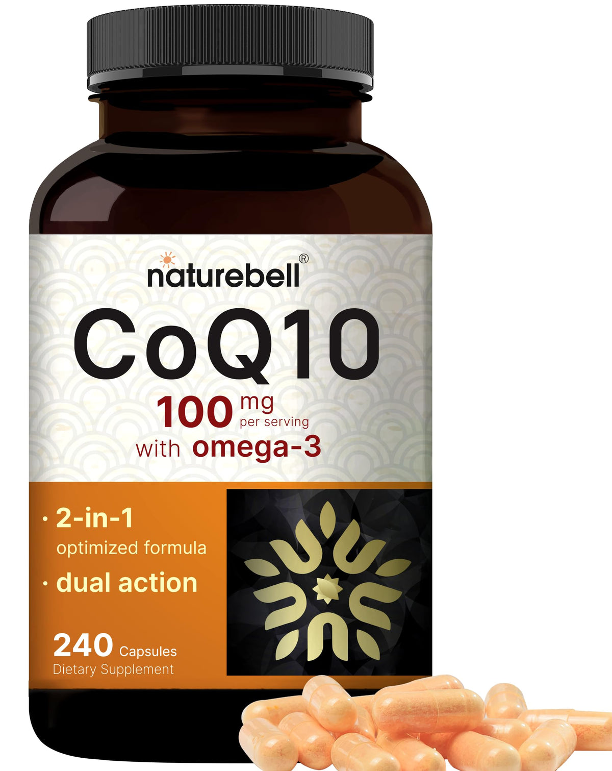NatureBell CoQ10 Omega-3 cápsulas de 240, apoyo antioxidante para energía diaria.