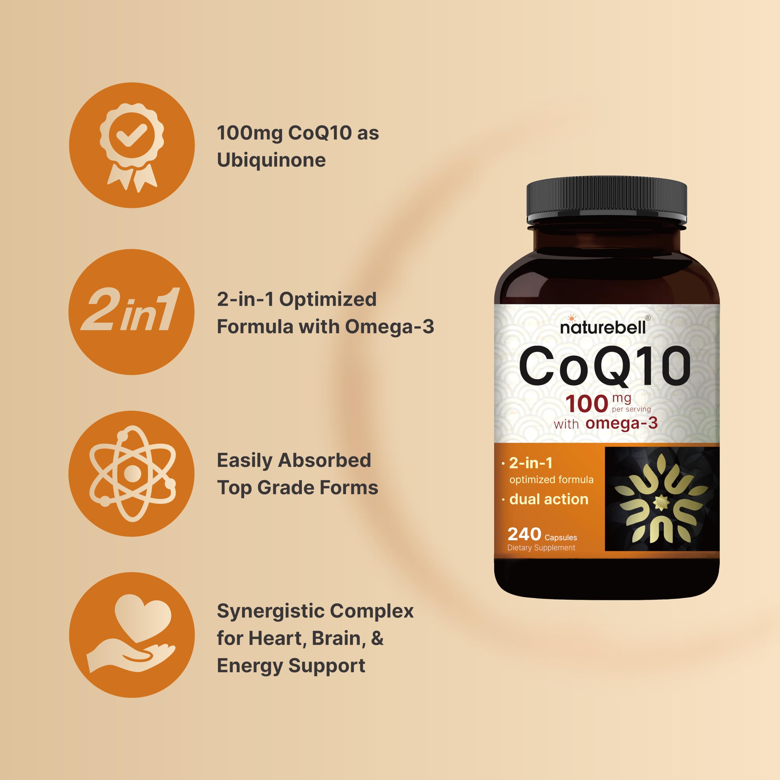 NatureBell CoQ10 Omega-3 etiqueta detallada, información clara sobre ingredientes beneficios.