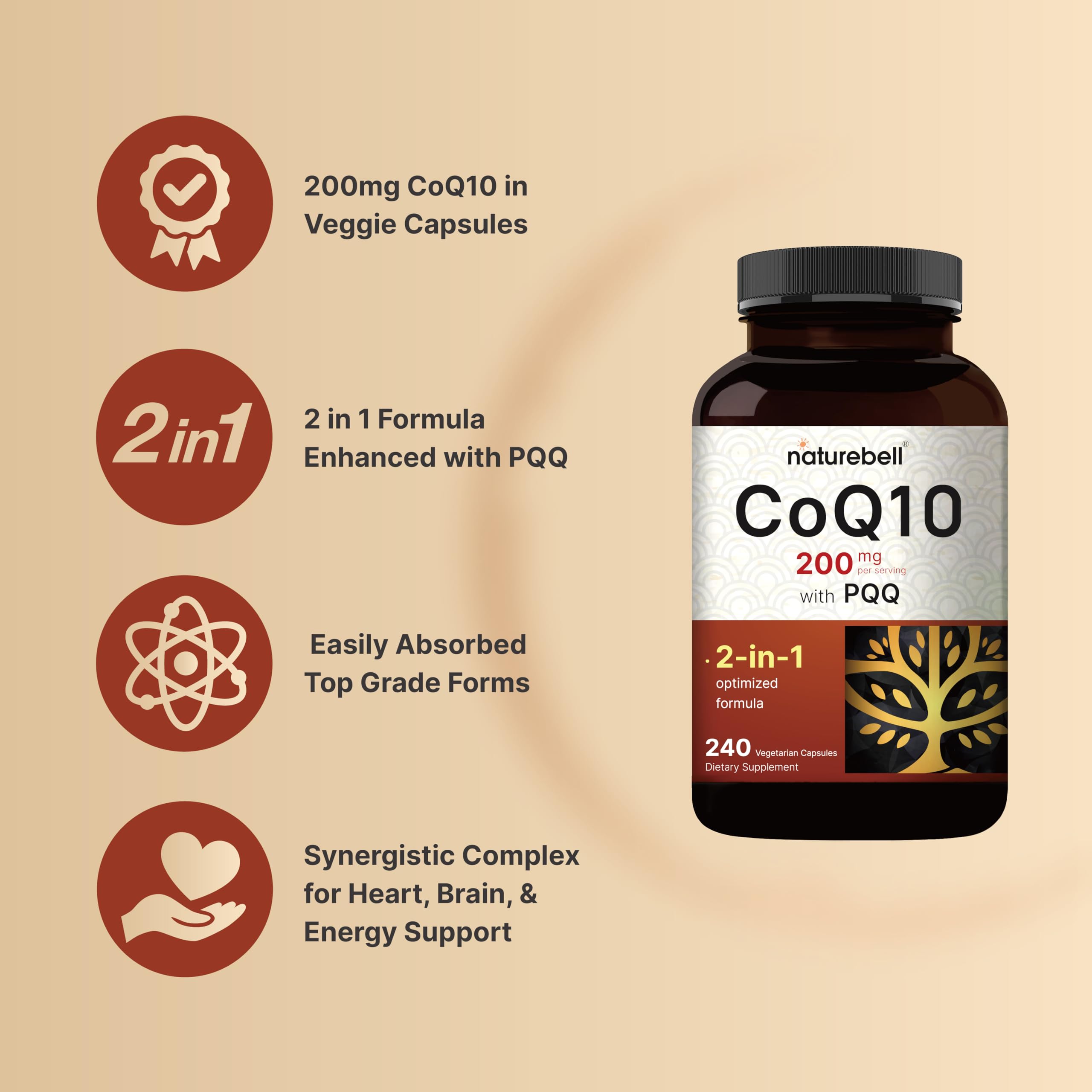 NatureBell CoQ10 con PQQ, etiqueta frontal clara e informativa.