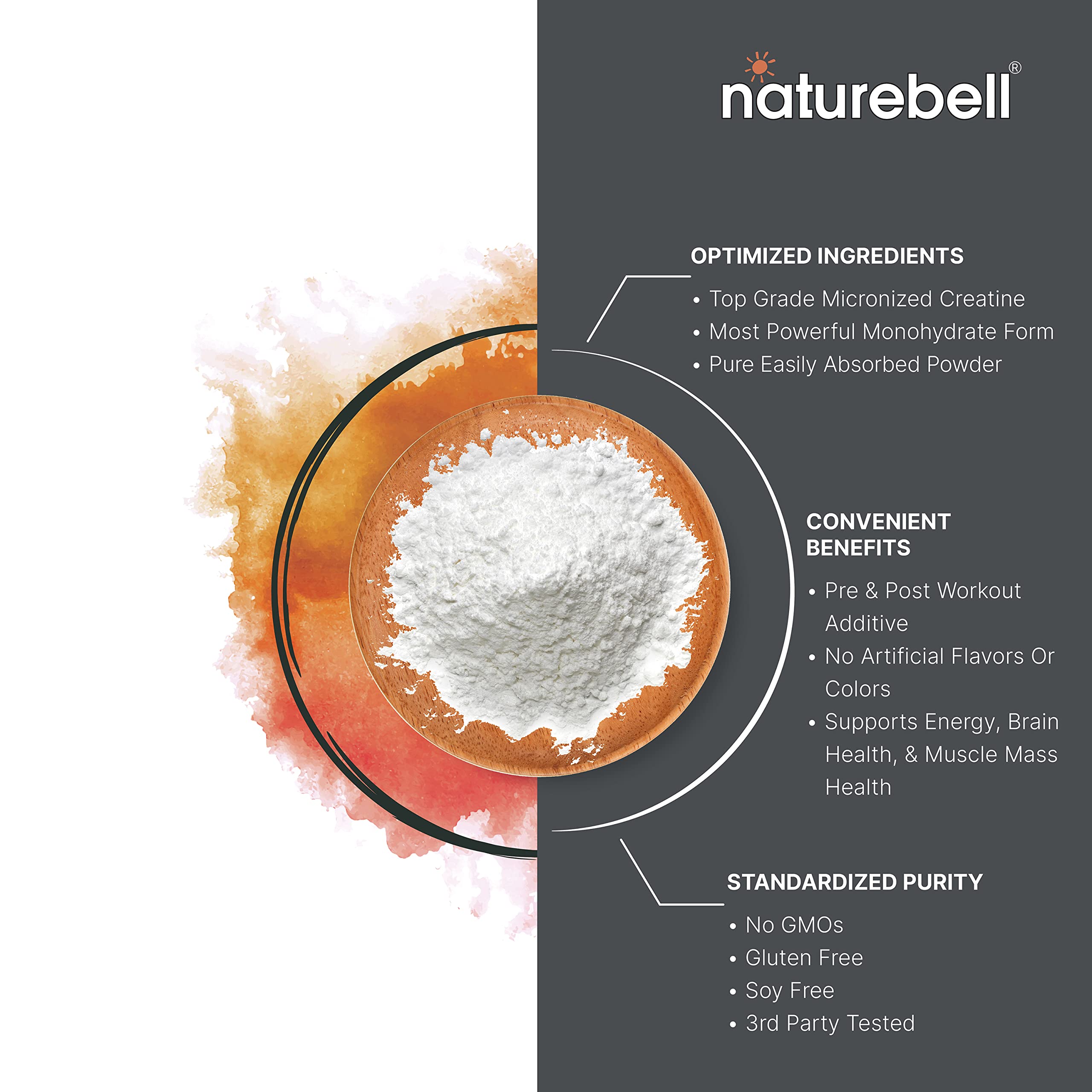 NatureBell creatina monohidratada: textura micronizada lista para mezclar.