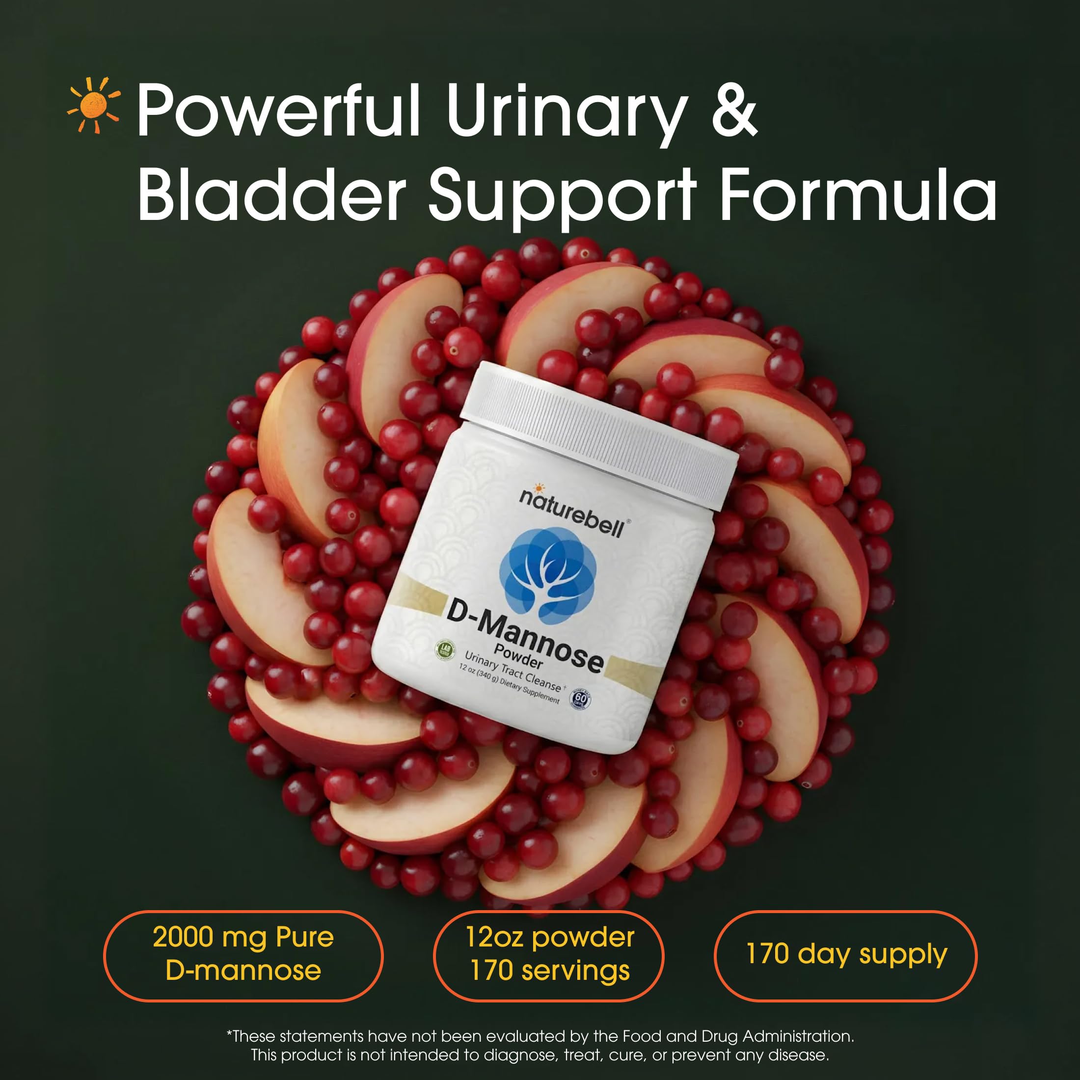 NatureBell D-Mannose, dosis 2000 mg por cucharada, apoyo diario para la salud urinaria