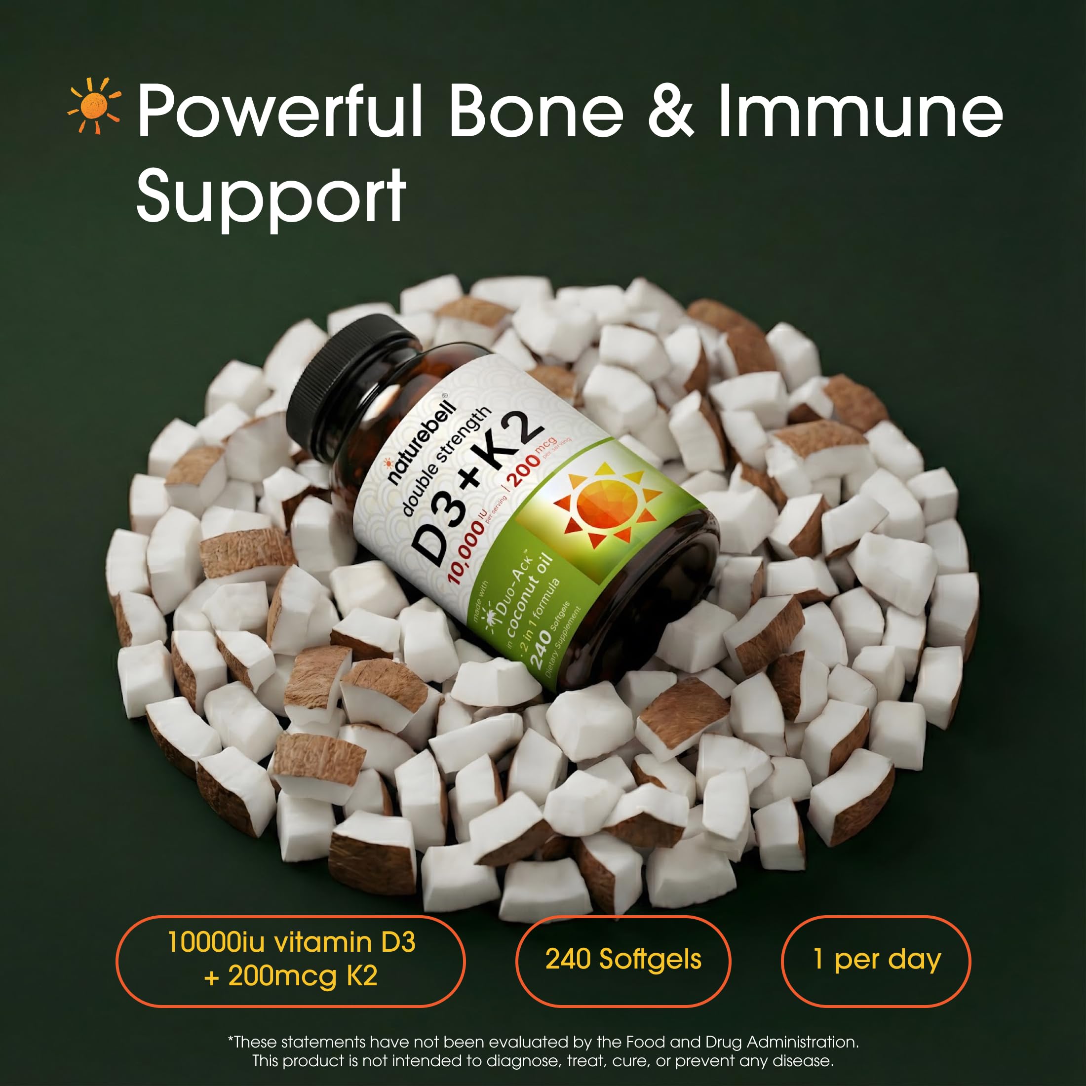 Softgels NatureBell D3 + K2 infusionadas con aceite de coco para mayor biodisponibilidad.