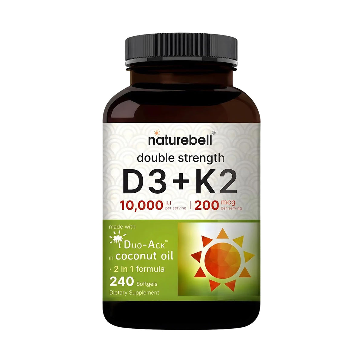 NatureBell D3 + K2 softgel en botella con aceite de coco para mejor absorción.