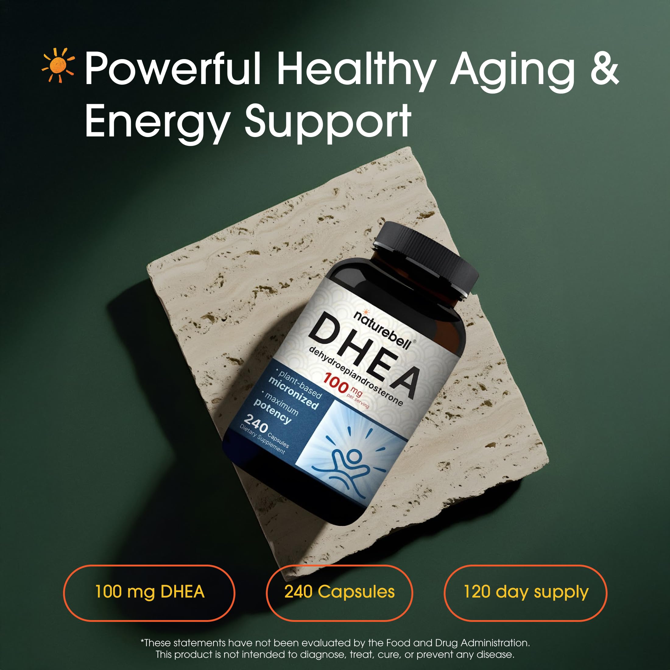 NatureBell DHEA, botella 100 mg, etiqueta clara para identificar fácilmente.