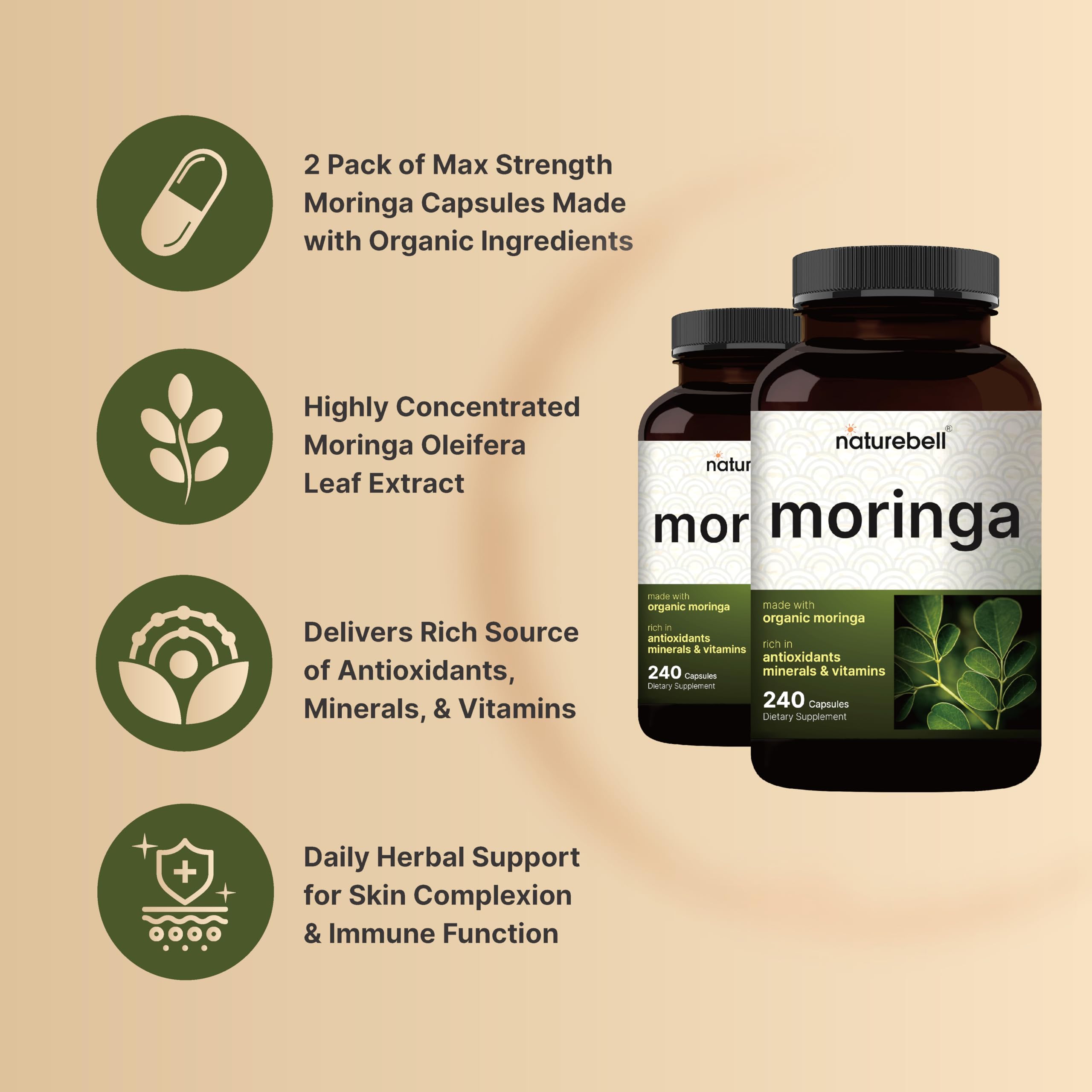 NatureBell etiqueta moringa 2-pack, información de origen y composición